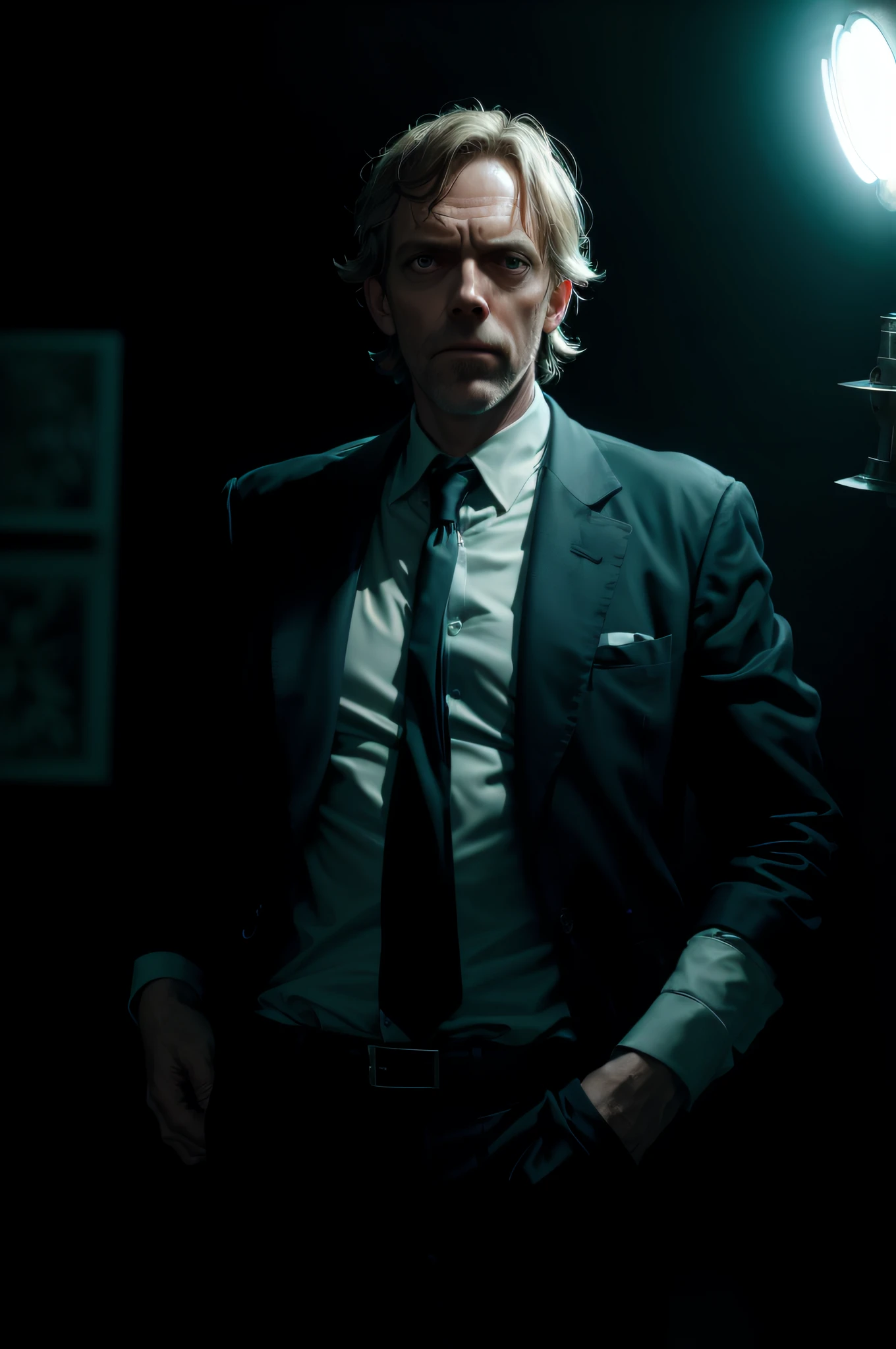 portrait of a award winning photo of hugh laurie posing in a dark studio, (rim lighting,:1.4) two tone lighting, sharp focus, teal hue, octane, unreal, dimly lit, low key