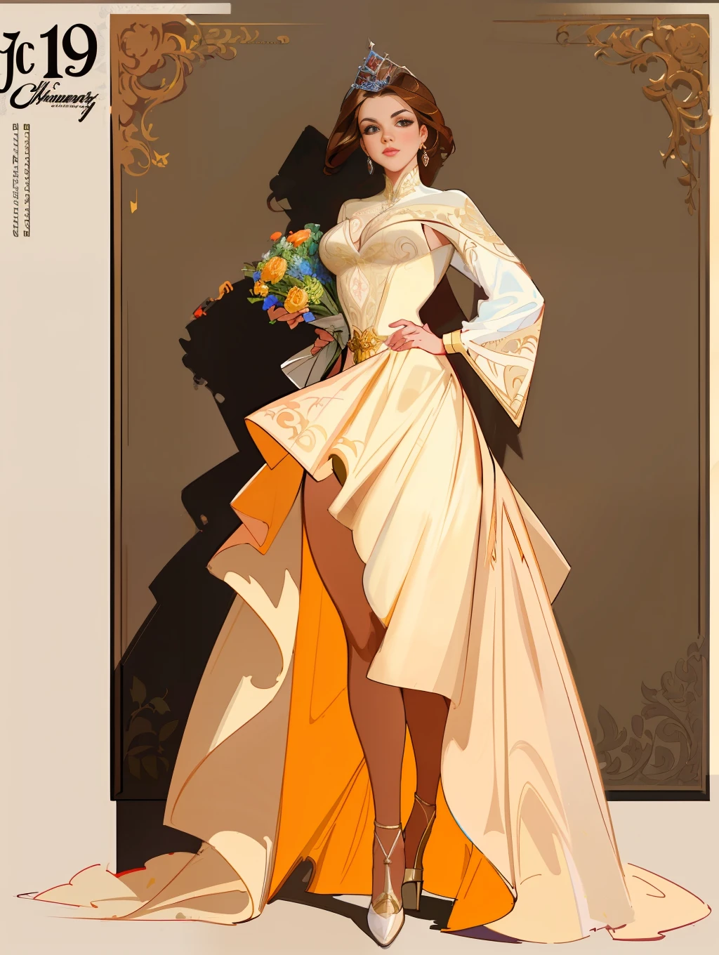 Best quality, 1 young woman, character sheet, concept art, (full body, masterpiece: 1.2), (best quality: 1.3), insanely beautiful Brazilian woman, short windy light brown hair, 1 perfect body stunning woman on his 20s, Miss Universe pageant winner, wearing a fancy designer evening gown, fancy shoes, wearing Miss Universe crowning, with a bouquet of flowers, winner attitude pose, with short windy light brown hair, assorted poses, bold colors, intricate, elegant, highly detailed, digital painting, art station, concept art, in the style of Norman Rockwell, JC Leyendecker, Jordan Grimmer.