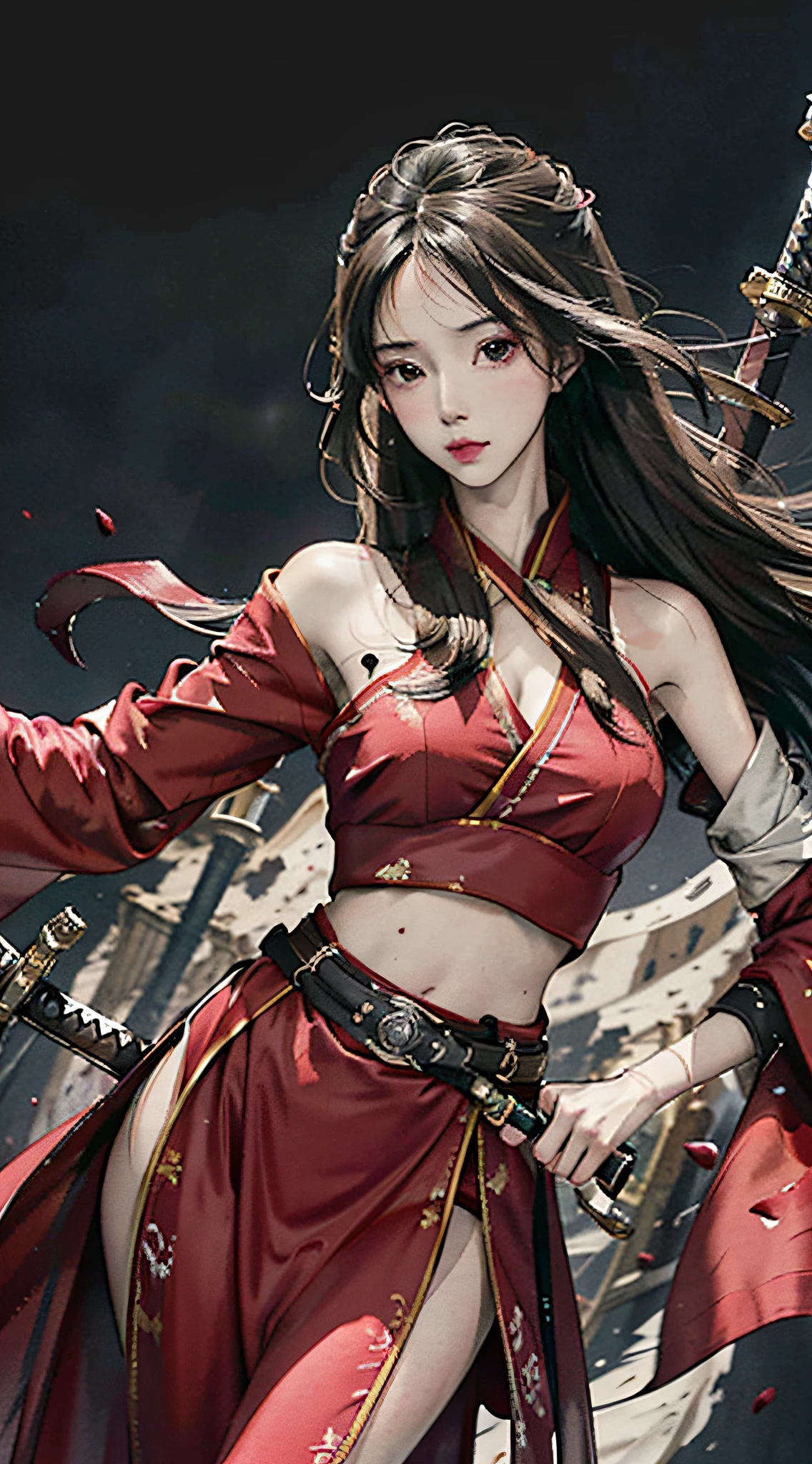RAW Photo, 4k, Realistic, Delicate and Meticulous Skin), Masterpiece, Best Quality, Official Art, Unity 8k Wallpaper, Ultra Detailed, (Soft Light), Cinematic Look, High Saturation, Best Anatomy, Volume Fog, Slim Body, Full Body, 1 Girl, Looking at the Audience, Red Clothes, (with a Weapon on the Waist), Sword, Long Hair, Brunette Hair, Solo, Blood, Armguards, Complex Background, Looking at the Viewer, Black Eyes, Cloth, Floating Hair, Evil Smile, Hanfu, Dynamic Movement, Dynamic Pose, with bandages wrapped around hands, the wind carries dust,