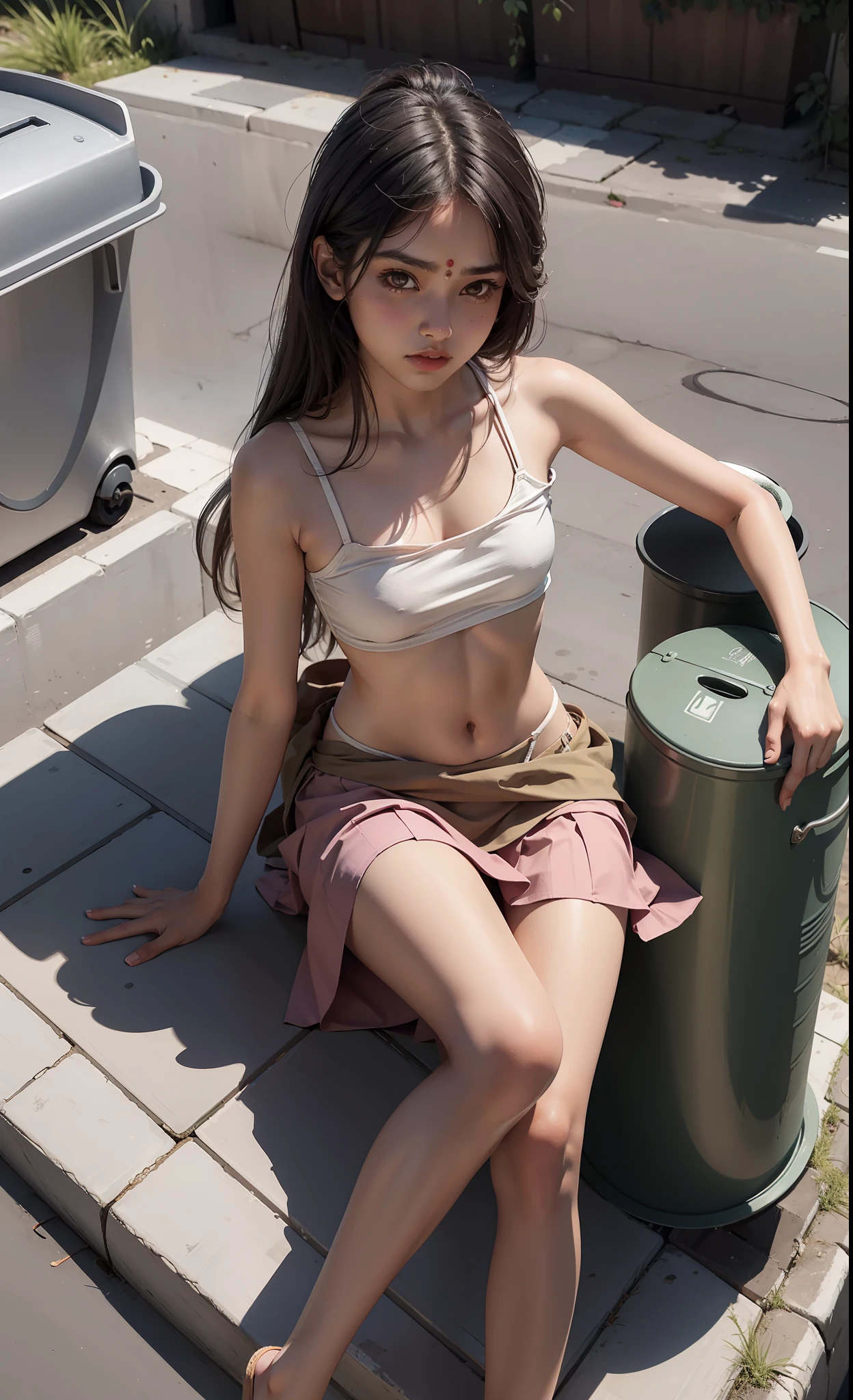 concept art, Indian girl, small chest, wearing sexy small top & skirt, skirt floating, hips, look at viewer, shy blush face, sexy, bare shoulder, sitting on ground, unconcerned, NSFW, quality, in the corner of trash bin,