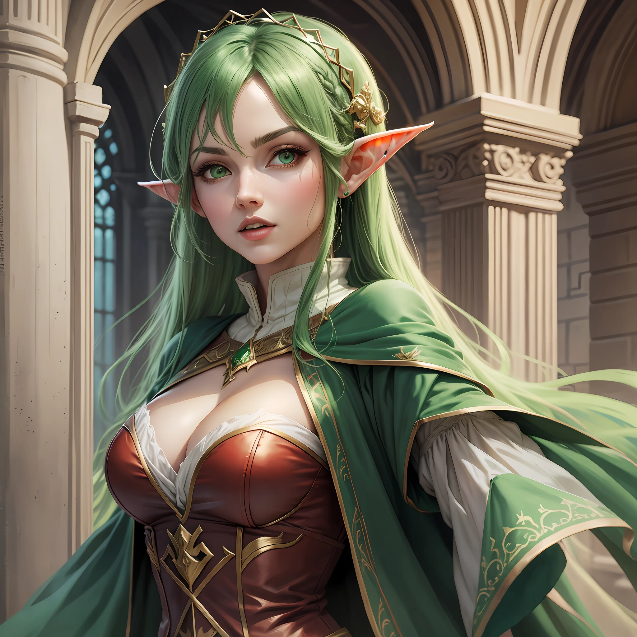 Elf, woman, medieval clothes, dynamic pose, green hair, red eyes,