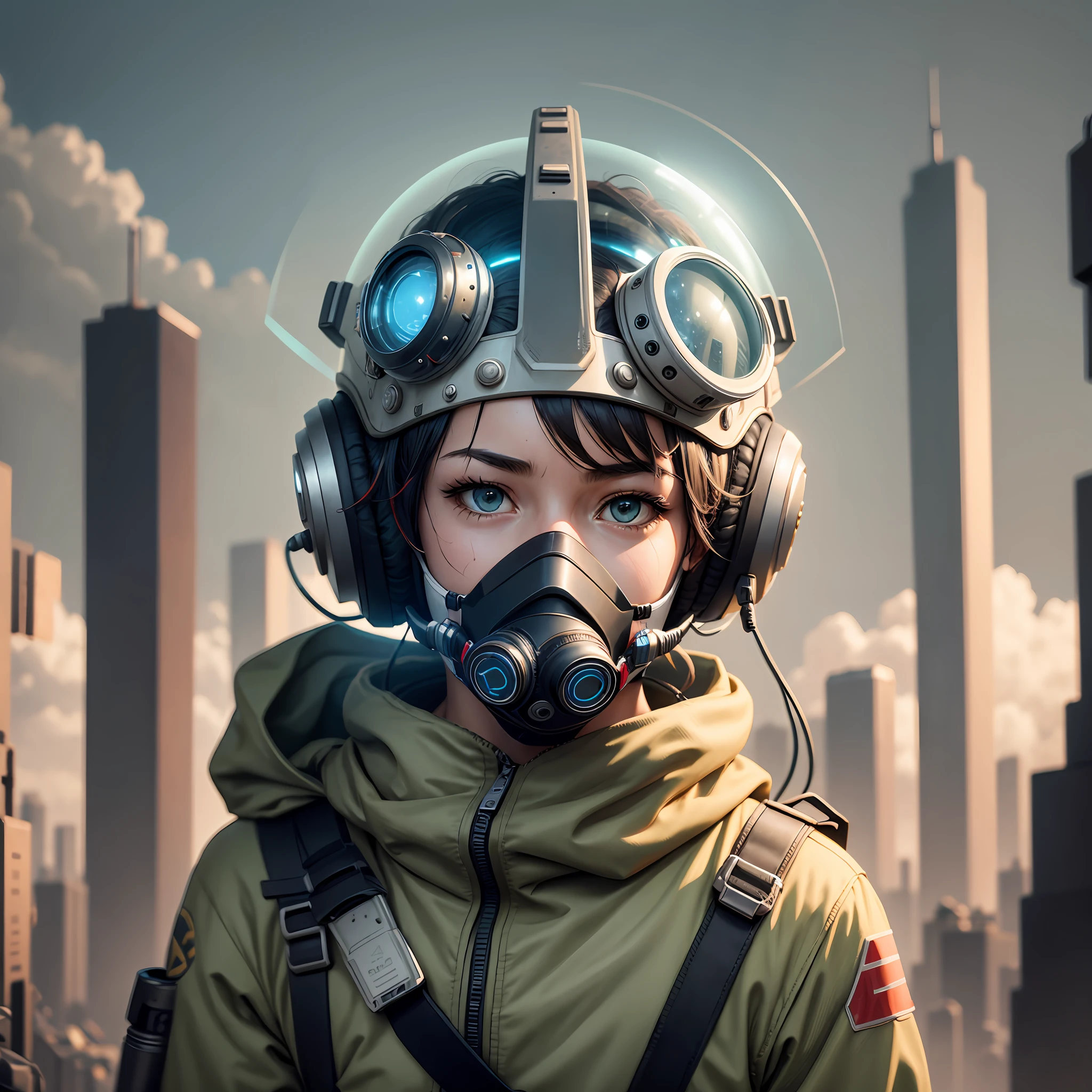 apex legend, [robot arm], face mask:0.1, breathing tube:0.5, headphone, lunar helmet, full body, polluted, foggy, volumatric lighting, VintageHelper, lens effects, glare, bloom, --auto --s2