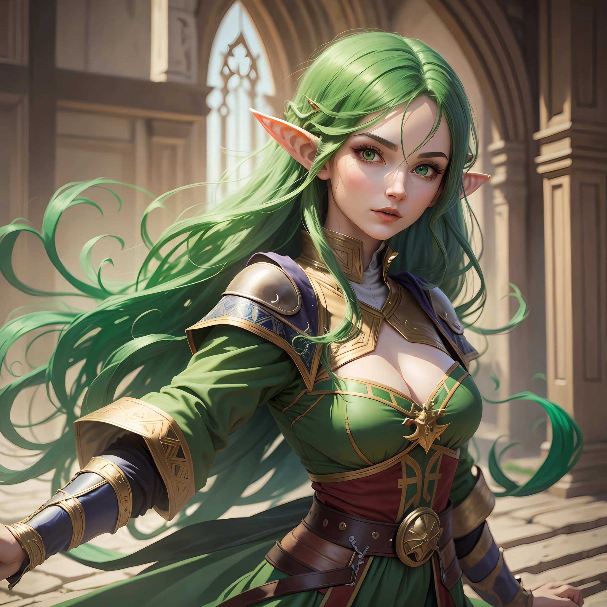 Elf, woman, medieval clothes, dynamic pose, green hair, red eyes,