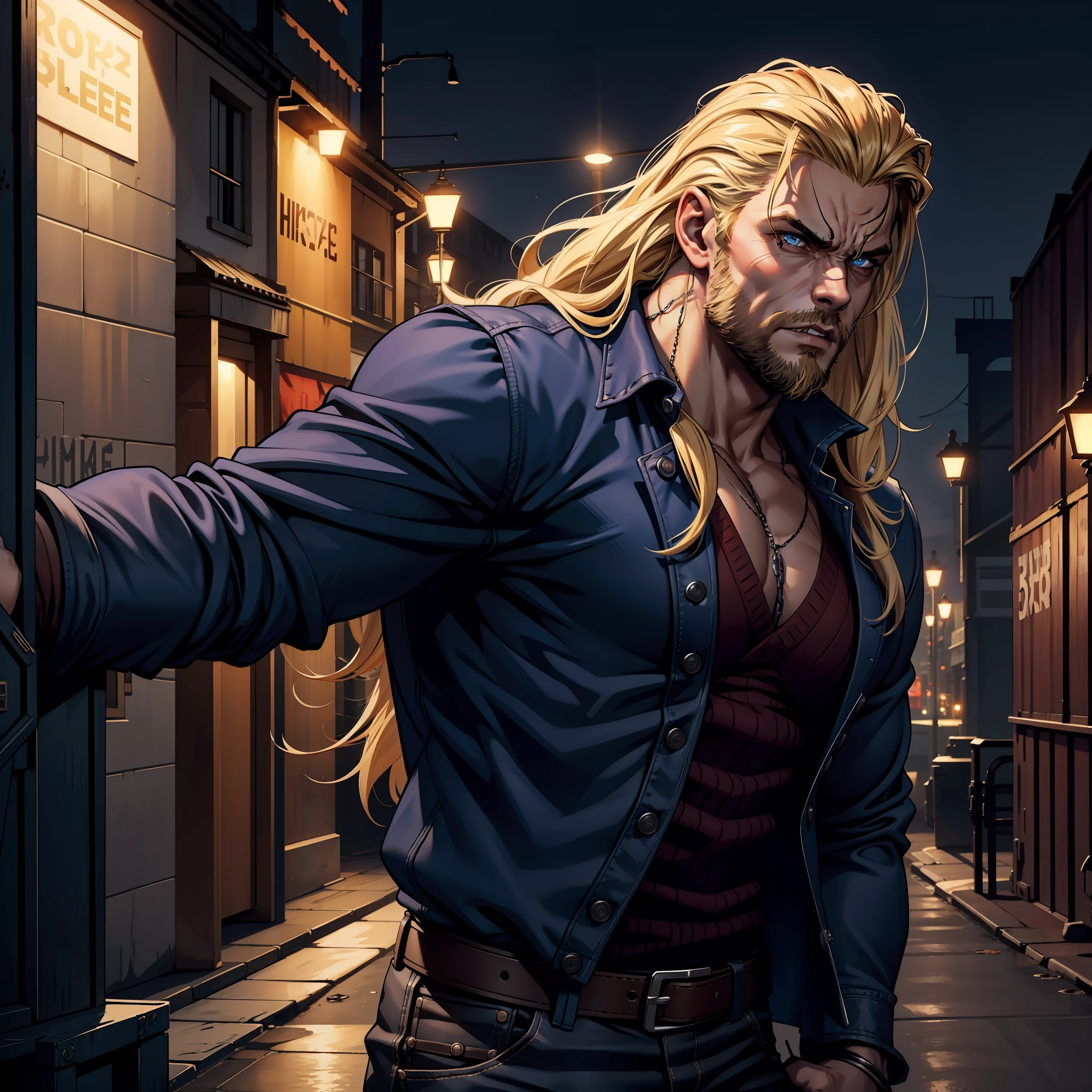 (extremely detailed 8k wallpaper), dark theme, Vampire the Masquerade, modern horror, 2020s, very strong man, wearing white knit shirt and jeans, sharp focus, (subsurface scattering:1.1), award-winning photography, centered face, Chris Hemsworth's face, ((a Brujah vampire)), half-body shot:1.1, long blonde hair embarrassed, blonde beard, blue eyes, angry expression, In front of a container on the docks of Porto at night, dramatic lighting