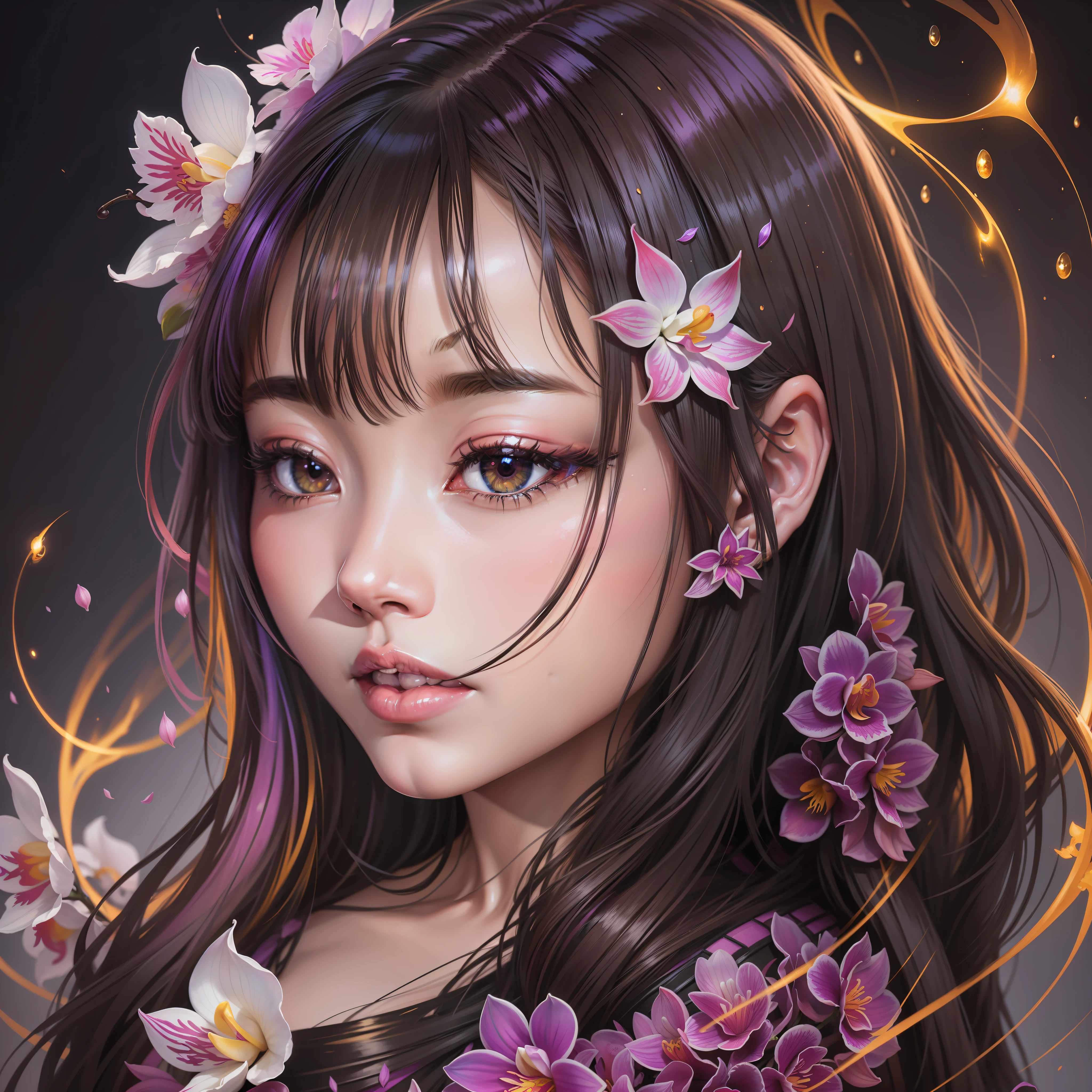 a painting of a colorful orchid on a black background,, breathtaking rendering, within a radiant connection, inspired by Kinuko Y. Craft,, magical elements, icon of an orchid, wow, is beautiful, casting a multi colorful spell, bright flash, flash