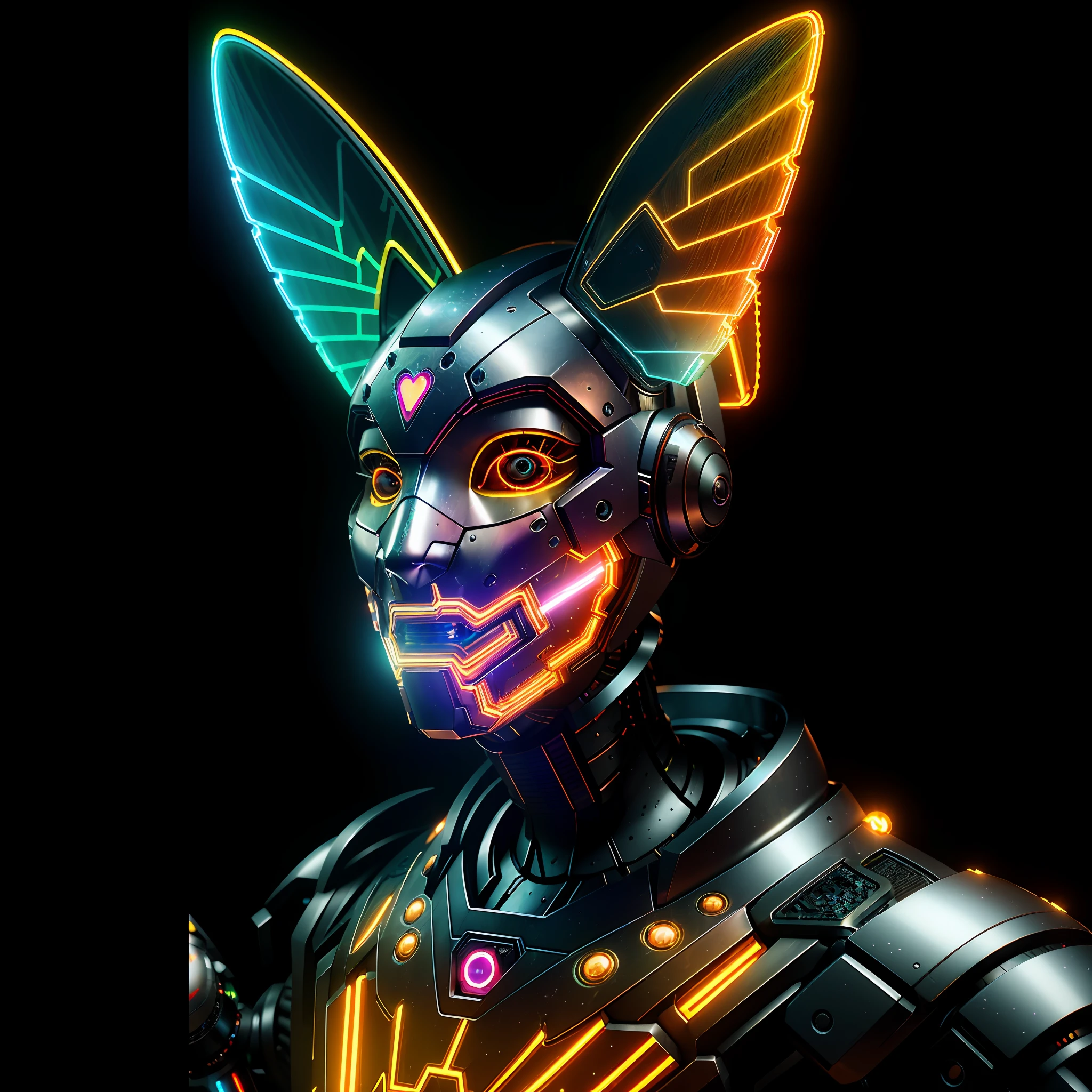 Psychedelic cyborg shaman, visionary art, (DMT aura in fractal cyberpop kawaii art:1.7), (a queer humanoid with a smiling robotic cat head:1.6) and (metal-bone-wire wings:1.5) emerge from (a cosmic circus of asemic symbols:1.4), (inspired by Robert Smithson’s Spiral Jetty:1.3). The humanoid is (gold plated and dripping: 1.8) and wears (a Boris Bidjan Saberi outfit with art nouveau embroidery: 1.6) and (a Hello Kitty mask with glowing eyes: 1.5). Its body is adorned with (Mandelbrot fractals: 1.7). Its colors are (iridescent: 1.5). The image is captured by (a Canon EOS 5D Mark IV camera:1.2), with (a 45 degree top angle:1.3) and (a dynamic zoom:1.4), and rendered with (ultra-detailed CGI effects:1.9), using ( Blender software with Cycles:1.2 rendering engine). The image combines (photorealistic-hyperrealistic areas with surreal-abstract areas: 1.8), creating a contrast between (organic-geometric, natural-artificial, figurative-generative: 1.7). The image is suitable for (an album cover or a wallpaper: 1.3). The humanoid seamlessly transforms into a streamlined robotic cat mask embroidered with metallic threads and pearls, complete with a small lab flask containing an abstract bipolar brain, in a microworld style that fuses Tobias Gremmler, Andrew Thomas Huang and James Merry. The mask is in the shape of a futuristic car traveling through a hyperloop, creating an optical illusion of movement and distortion.
