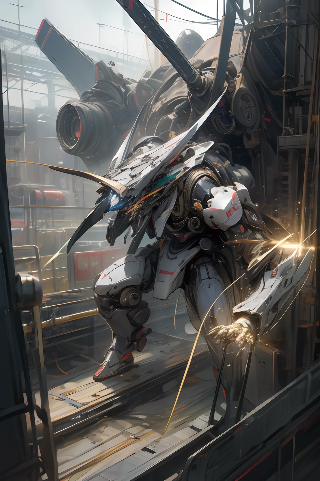 big robots in the real world, big robots like those in anime with versions in the real world, takemikasuzhi war robots that are like warrior swords have long swords in anime, golden robots who are dashing and mighty, ((masterpiece, best quality) ), illustration, ultra detailed 8k, photorealistic, sharp focus, incredibly detailed, professional lighting, colorful detail, colorful BREAK ultra-long factory image, huge mechanical robot construction, microchip, computer, shine, intricate detail
