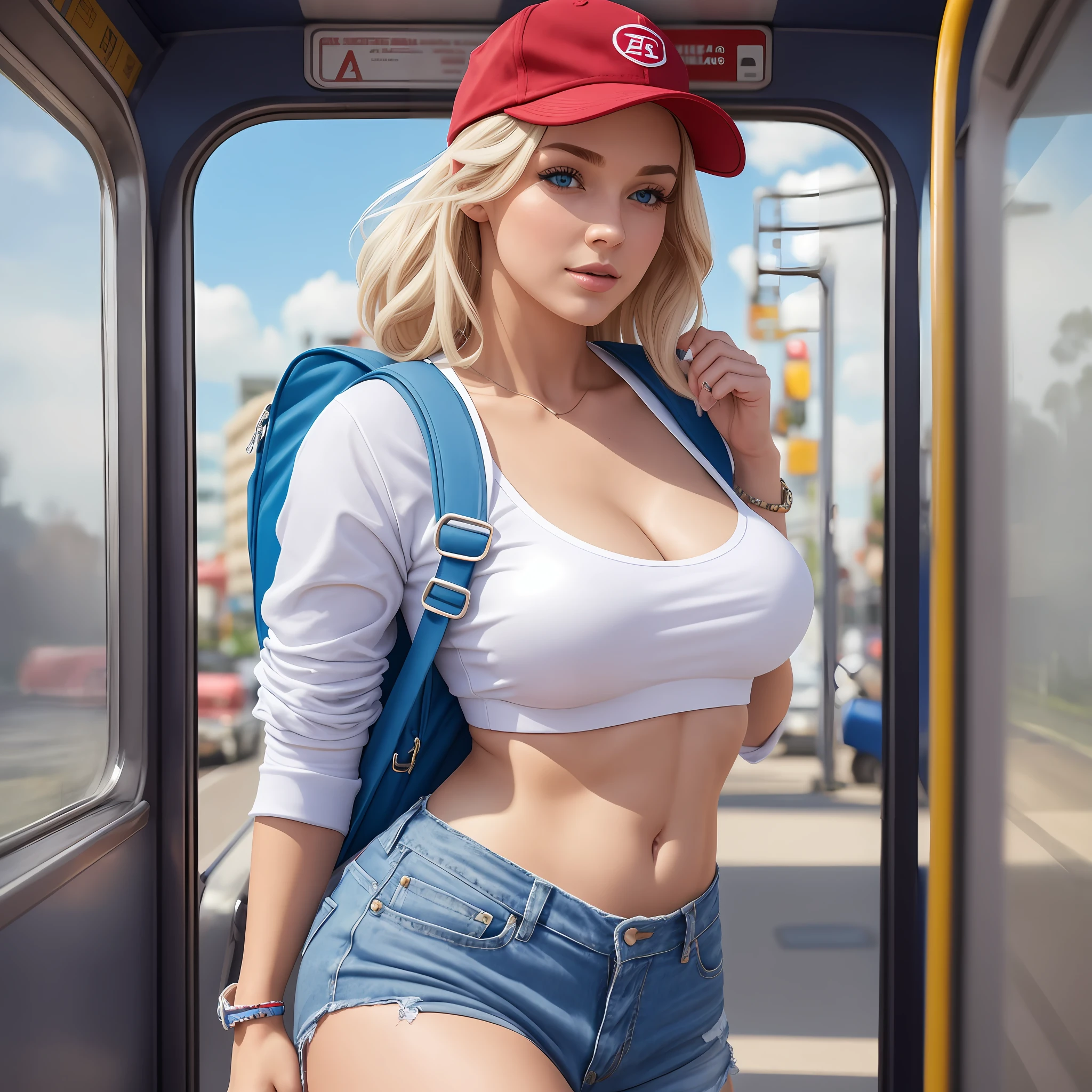 "She's an ultra-realistic 27-year-old woman.
His blue eyes have an intense and wild glow, like the sky on a sunny day.
His hair is short, blond and straight, he wears a red cap.
He's dressed in a short shot jeans, a white bustie, white sneakers and a blue backpack and a red cap.
Her legs are beautiful, her breasts normal and belly defined.
The woman is standing inside the bus. It's day and the sky is blue with white clouds. Masterpiece: 1.2), ultra-detailed, (highly detailed skin: 1.2), 8K UHD, DSLR, soft lighting, high qualities." --auto --s2