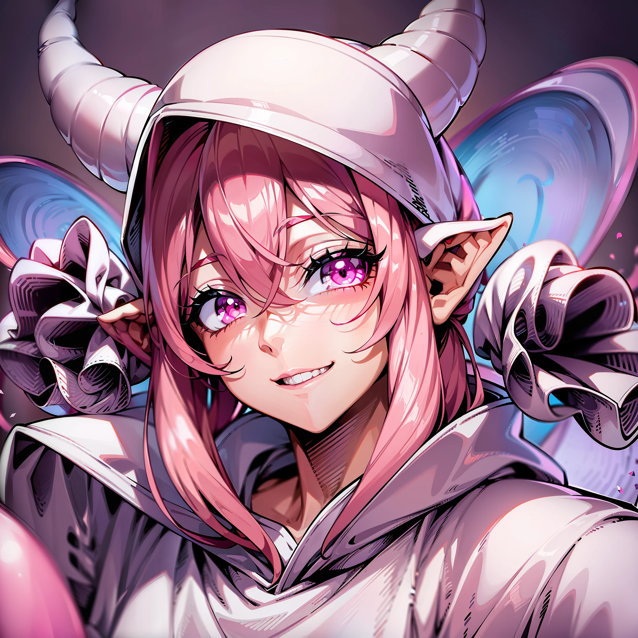 (masterpiece, superior quality, best quality) a white demon man, wearing pink sweatshirt and pink cap with (white horns), with white eyes without pupils, pink iconic character and with imposing and confident pose, vibrant colors, dark smile