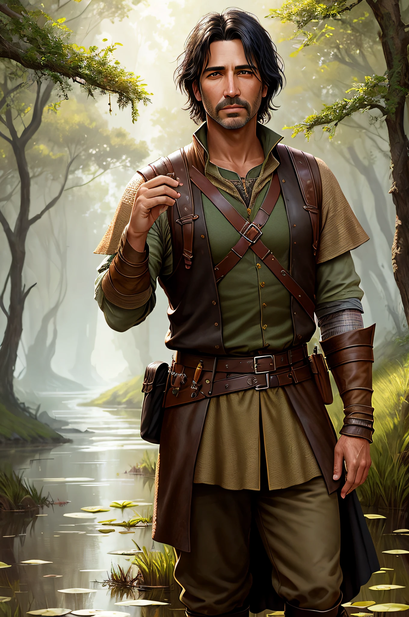 "((masterpiece)), high quality, ultra-realistic details, incredibly textured CG, swamp background, 40-year-old male archaeologist character, black hair, brown eyes, dressed in medieval fantasy costumes, inspired by role-playing games like D&D and Pathfinder."