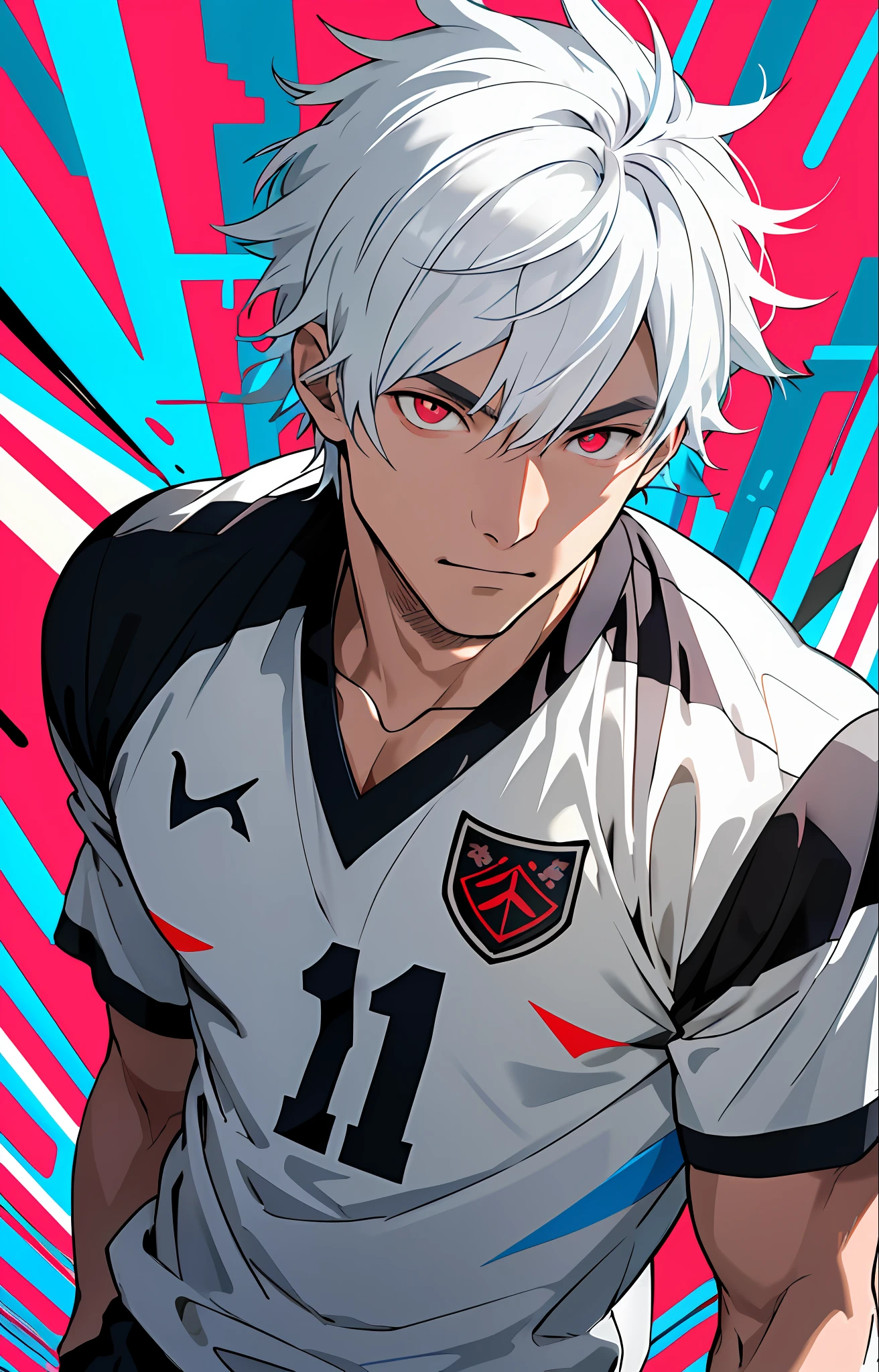 (masterpiece, best quality, absurdists), 1man, Isagi Yoshi, blue lock, detailed eyes, bright red eyes black football team shirt with number 11 on the chest, running for the camera, white hair with bangs, upper body, (fluorescent lamp), (colorful), ((abstract background)), illustration, fanart