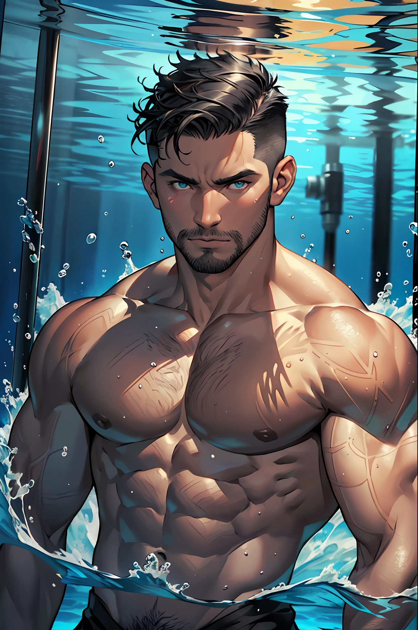 face portrait of a (muscular male: 1.2), (very short black hair:1.2), abstract water frame, Decorative panels, (Masterpiece, Best Quality, Highres:1.4), Detailed, Intricate Details, 4K, color splashes, line art, water waves, (poseidon: 1.3), ((god of water)), (short undercut: 1.2), fuull body, absctract artist, greek god, (underwater: 1.15)