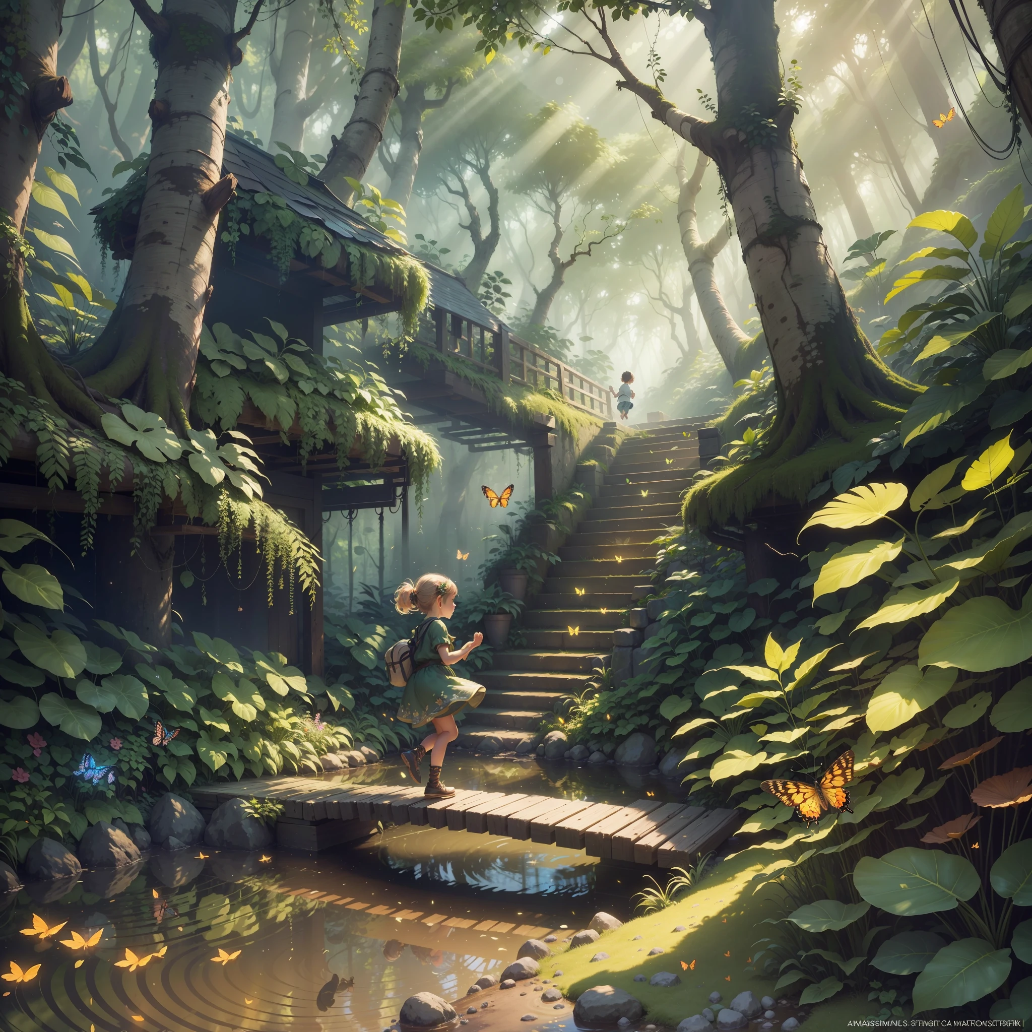 A masterpiece, the best quality, dazzling reflections, the best reflections ever. (very detailed CG unit 8k wallpapers), (best quality), (best illustrations), forest theme with natural elements. Small child running in the forest with butterflies flying. Tall trees, quiet streams, small bright mushrooms surrounded by delicate leaves and branches, as well as fireflies and bright particles, colorful flowers, (natural elements), (jungle theme), (leaves), (branches), (fireflies), butterflies, (delicate leaves), (brightness), (particle effects). , isometric 3D, Octane rendering, Ray traced, super detailed --auto --s2