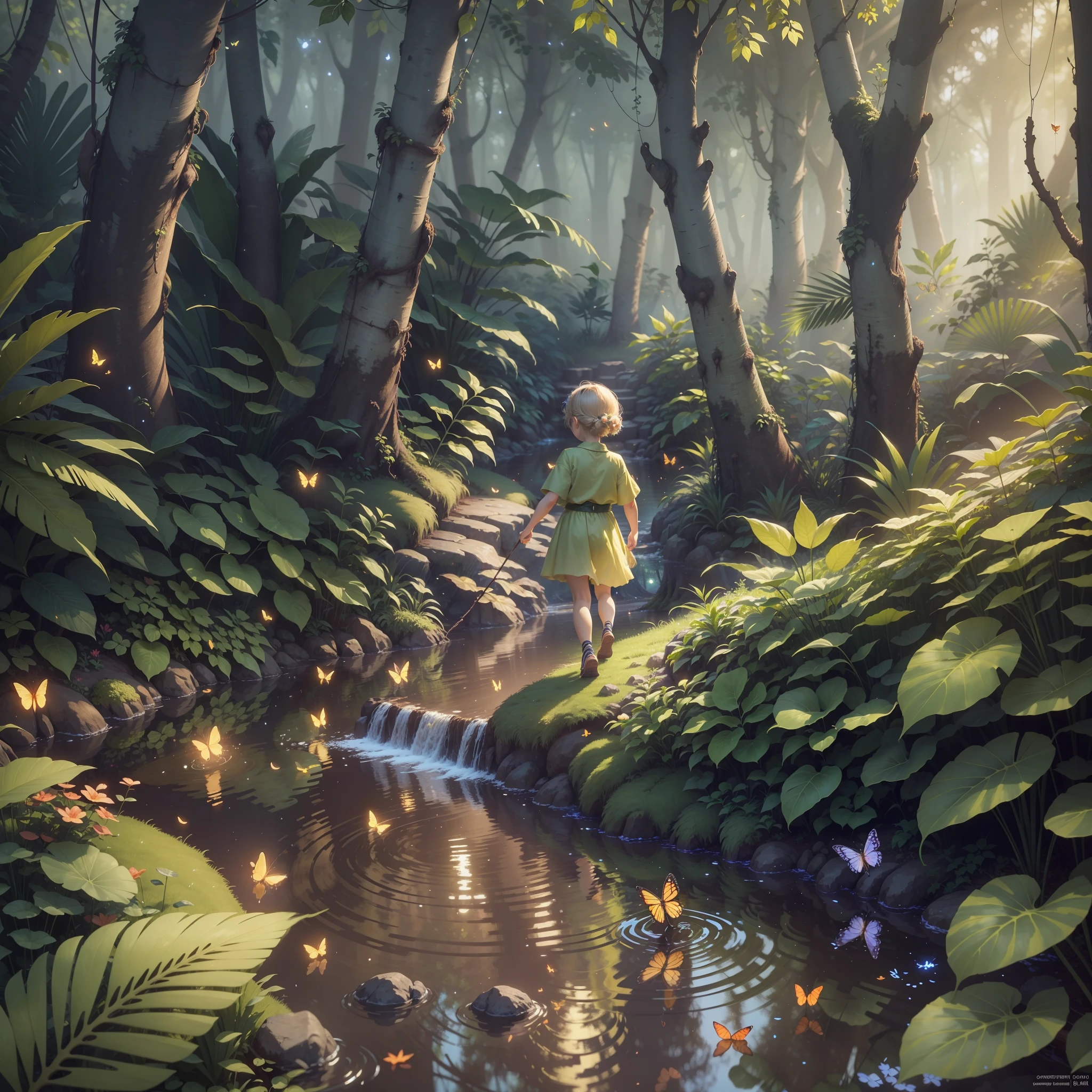 A masterpiece, the best quality, dazzling reflections, the best reflections ever. (very detailed CG unit 8k wallpapers), (best quality), (best illustrations), forest theme with natural elements. running in the forest with butterflies flying. Tall trees, quiet streams, small bright mushrooms surrounded by delicate leaves and branches, as well as fireflies and bright particles, colorful flowers, (natural elements), (jungle theme), (leaves), (branches), (fireflies), butterflies, (delicate leaves), (brightness), (particle effects). , isometric 3D, Octane rendering, Ray traced, super detailed --auto --s2