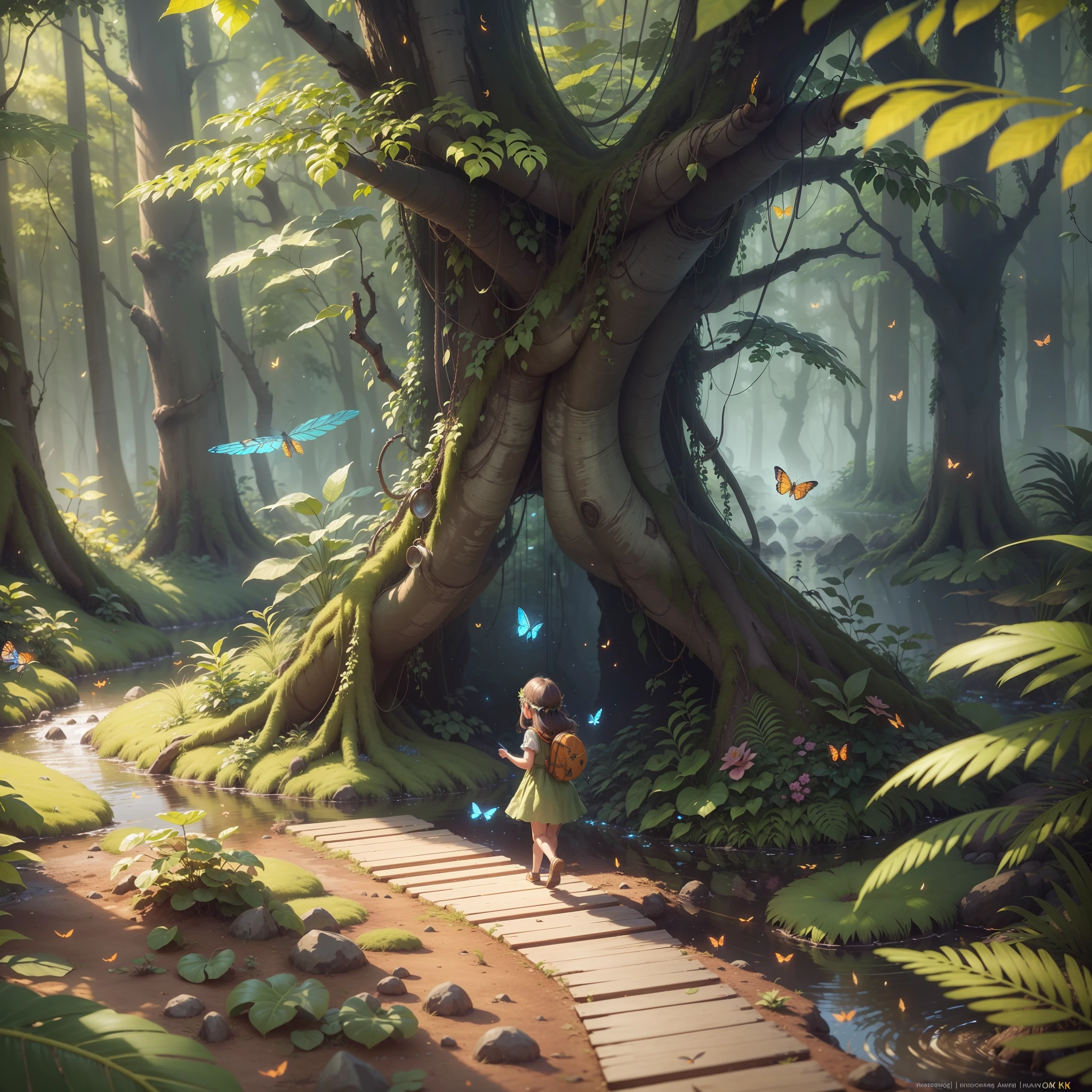 A masterpiece, the best quality, dazzling reflections, the best reflections ever. (very detailed CG unit 8k wallpapers), (best quality), (best illustrations), forest theme with natural elements. Small child running in the forest with butterflies flying. Tall trees, quiet streams, small bright mushrooms surrounded by delicate leaves and branches, as well as fireflies and bright particles, colorful flowers, (natural elements), (jungle theme), (leaves), (branches), (fireflies), butterflies, (delicate leaves), (brightness), (particle effects). , isometric 3D, Octane rendering, Ray traced, super detailed --auto --s2