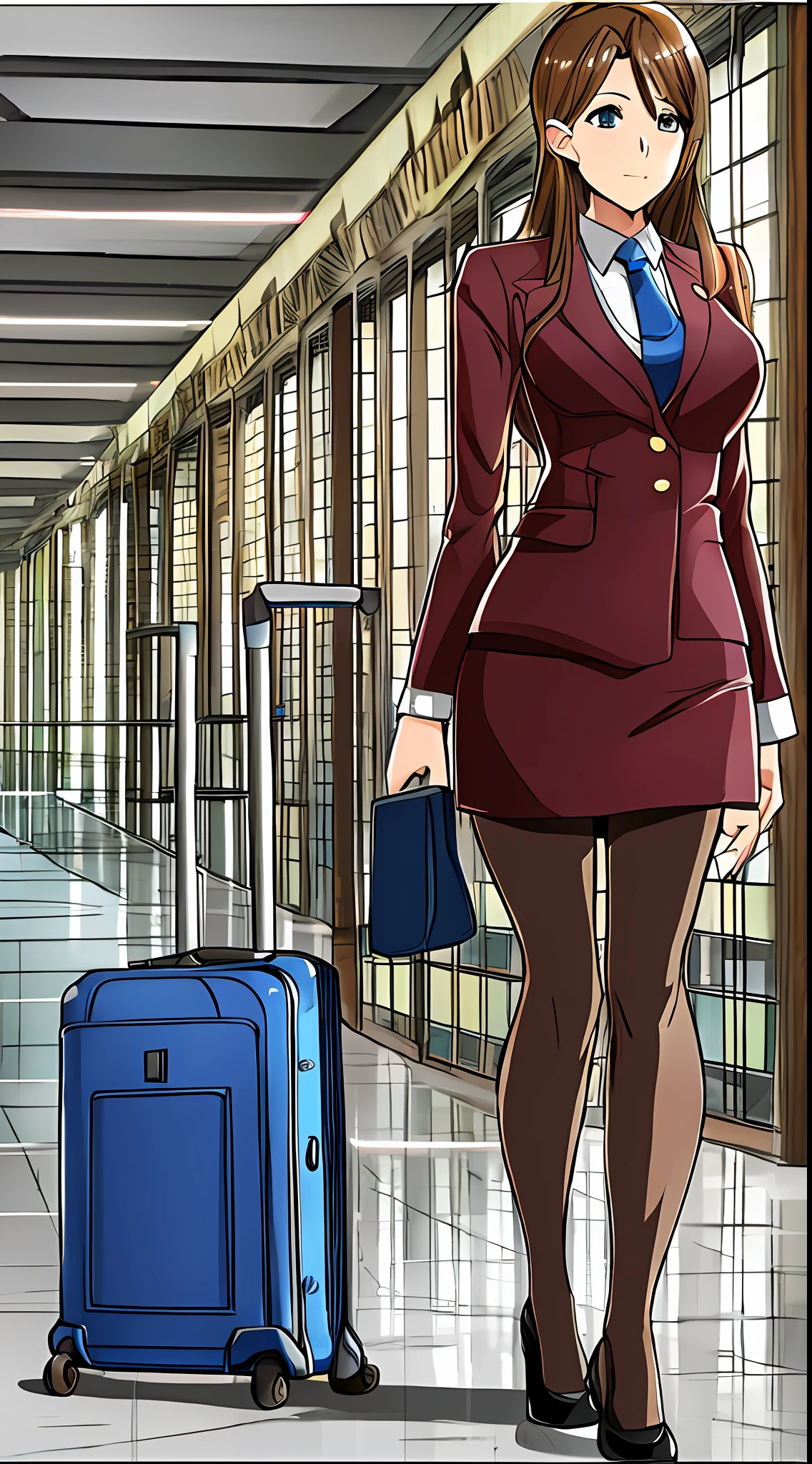 {{Mature female, caucasian}}, looking at viewer, hazel eyes, extremely detailed, medium breasts, brown hair, airport, flight attendant, uniform, blue blazer, necktie, blue skirt, medium skirt, pencil skirt, blue high heels, happy, best quality, high quality, extremely detailed anime screencap, full body, portrait