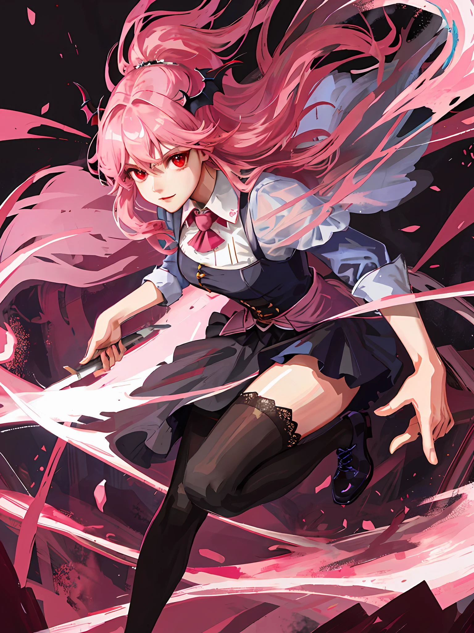 delicate and beautiful CG artwork),(best quality, ultra-detailed, high resolution),(dynamic angle, dynamic lighting),(2 character),(long blue black hair), red eyes, beautiful face),(black transparent stocking),(vampire) (long sideburns) BREAK (pink hair),(pink), (princess),
