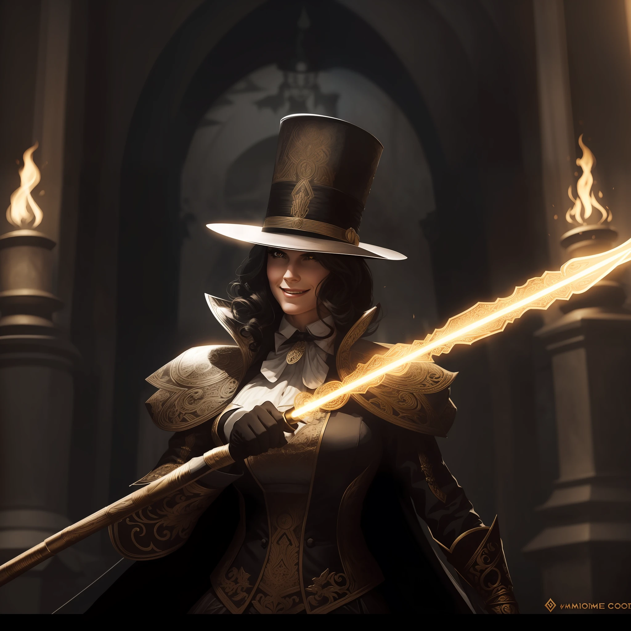 epic, woman, top hat, holding a lighting spear energy, elegant, evil smile facial expression