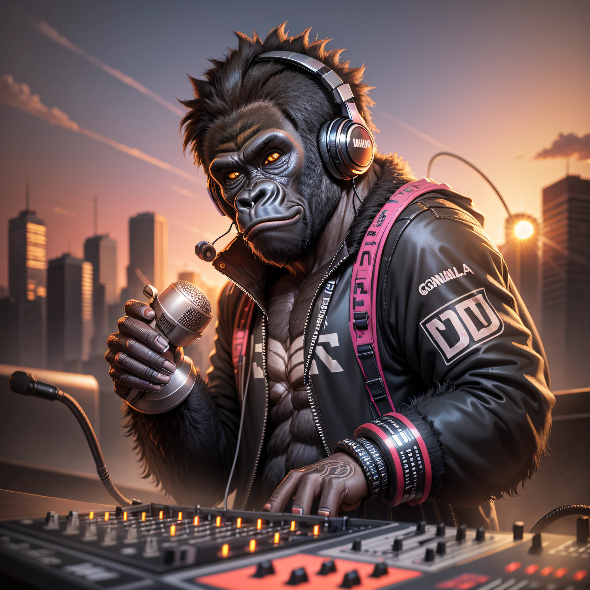 (gorilla dj punk:1.2) (SNTHWVE style:0.8) Large headphones, Anthro, Lightwave, Sunset, Intricate, Highly Detailed --auto --s2