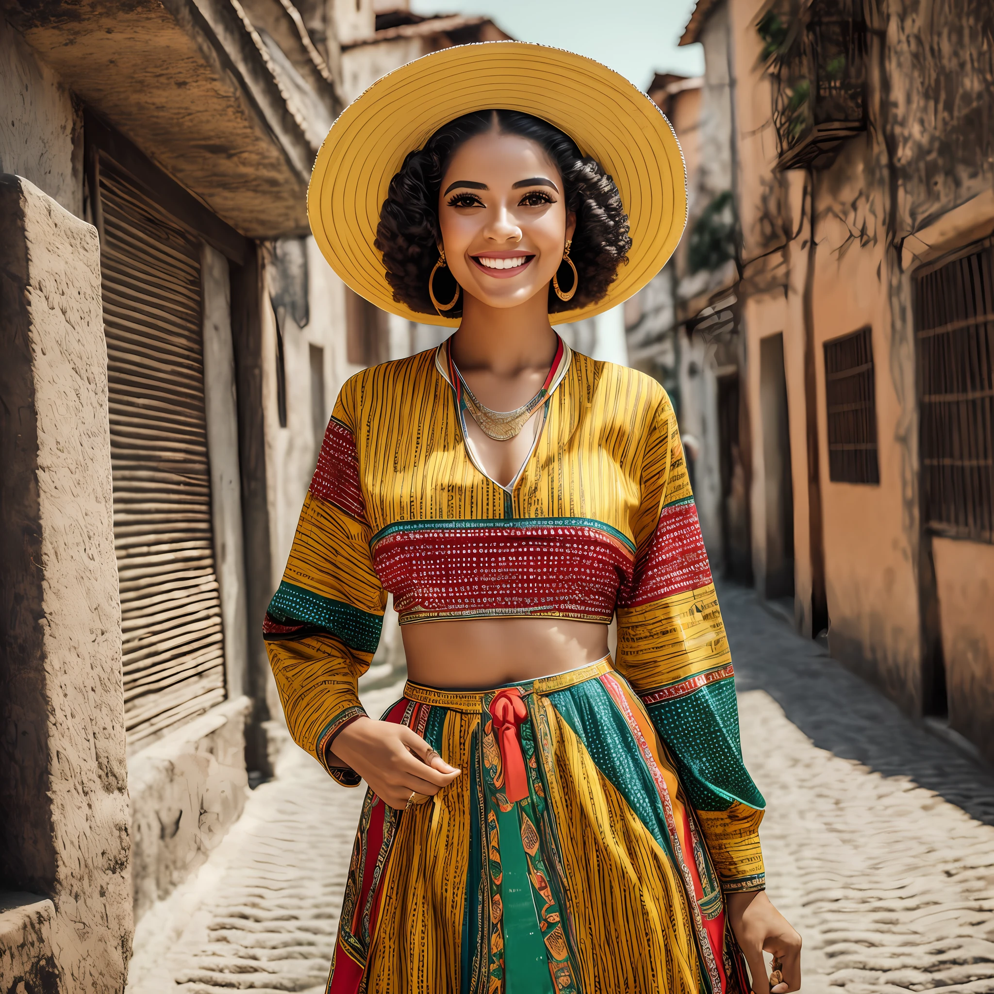 ((best quality)), ((masterpiece)), ((realistic)), vintage brazilian woman, elegant attire, 2049s fashion, radiant smile, confident stance, cultural pride, vivid colors, nostalgic background, authentic vintage feel, (portrait composition:1.3), (high-resolution:1.2) --auto --s2