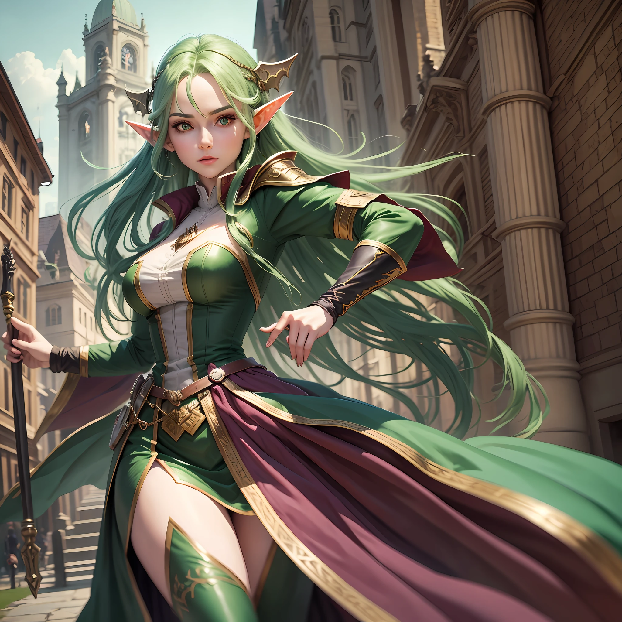 Elf, woman, medieval clothes, dynamic pose, green hair, red eyes, long clothes
