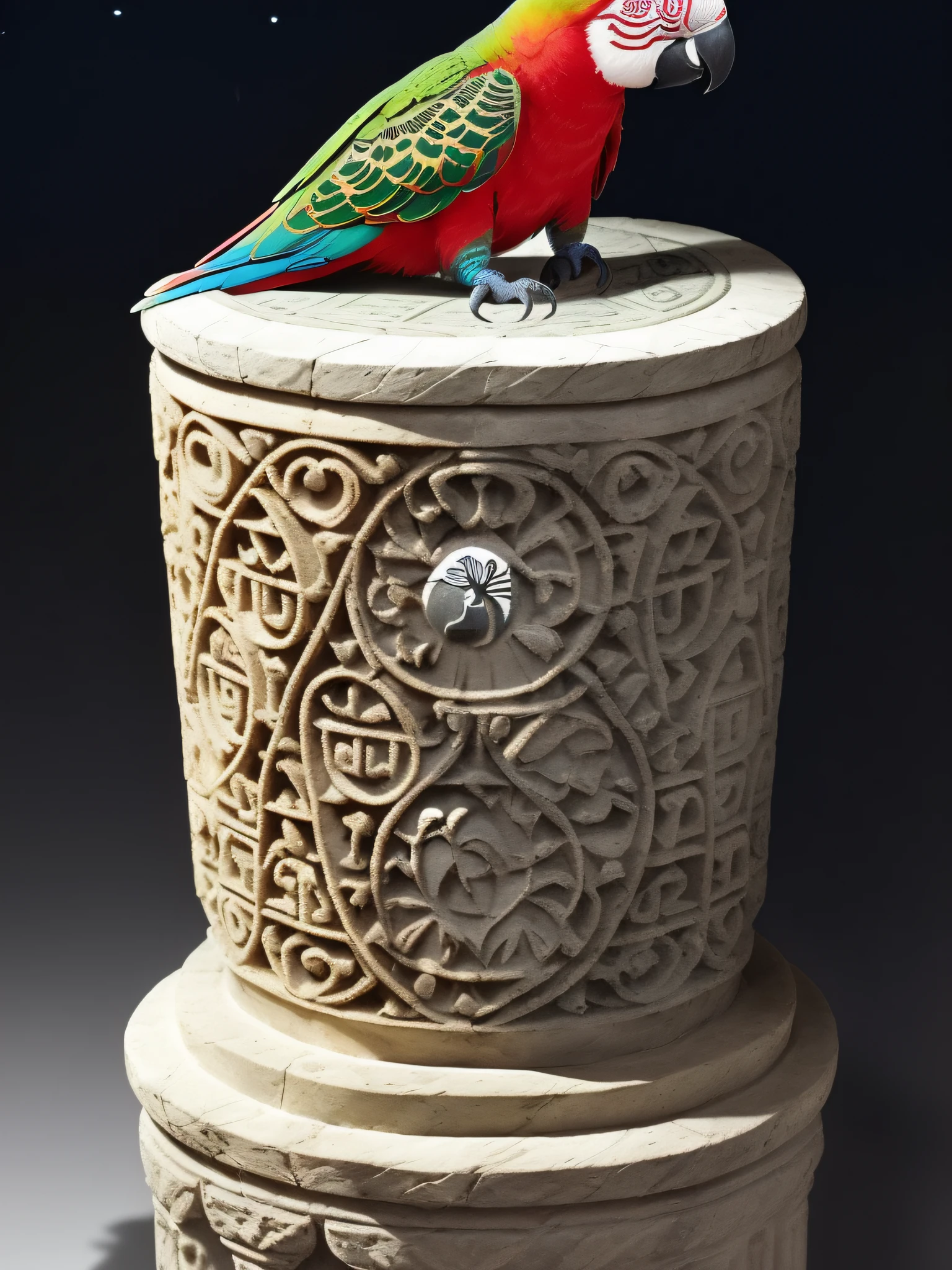 (((A mischievous and dimly lit parrot sits perched on a ancient tattered appearance and intricately carved stone pedestal :1.5))), (((1parrot:1.4))), donning a pirate hat and a colorful beaded necklace, amidst a sacred garden filled with blooming flowers and gentle whispers of the wind, his presence radiating tranquility and guidance, Sculpture, crafted with attention to detail and a serene expression, capturing the wisdom and calmness of the parrot, --ar 9:16 --v 5