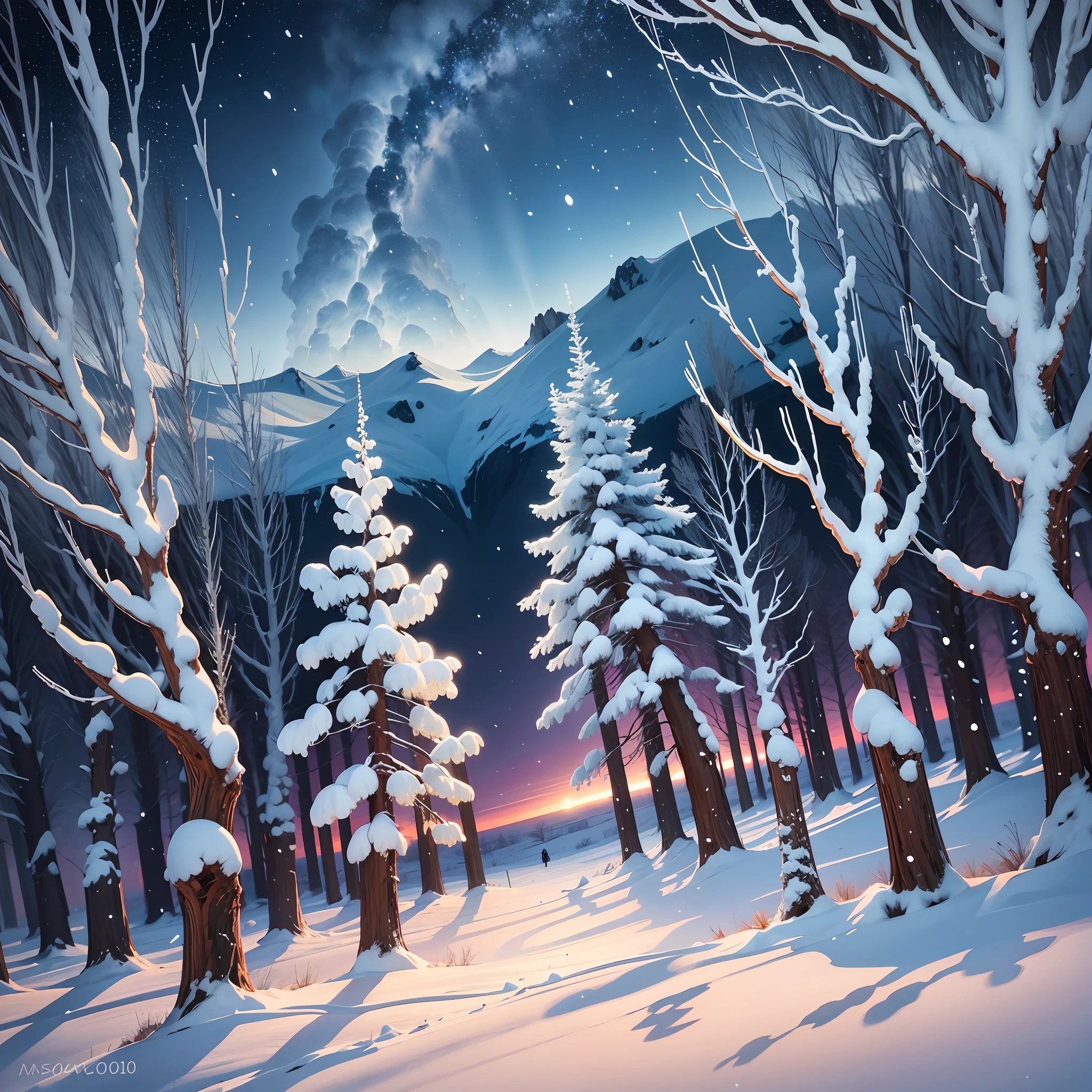 https://s.mj.run/wA1S3SCQ2h4 A night painting of an snow abstract ethereal semi - transparent frosted trees impressive skies --q 5 --c 100 --s 1000 --ar 3:2 --auto --s2