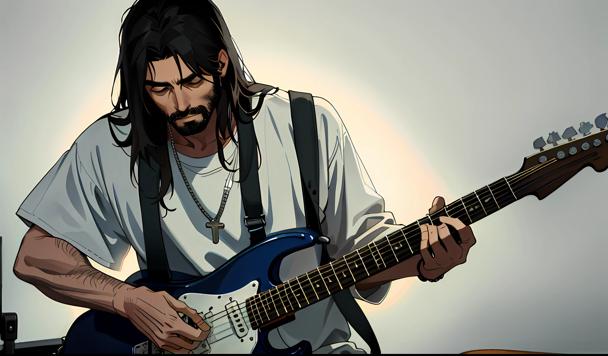 Realistic Jesus playing blues on a stratocaster guitar