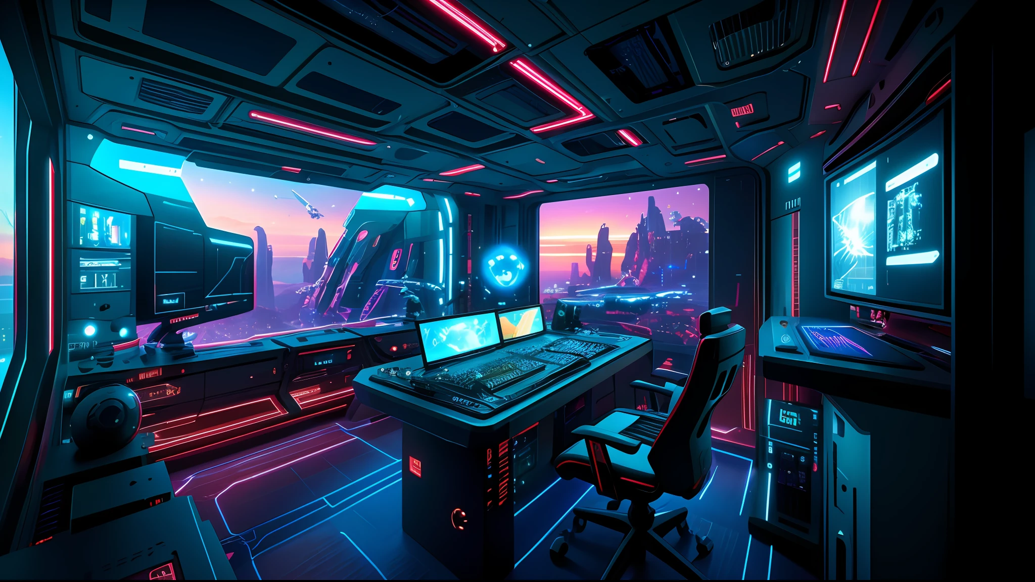 spaceship themed room with a computer and a desk with a monitor, scifi landscape, cyberpunk landscape, futuristic landscape, sci fi landscape, retrofuturistic digital painting, cyberpunk landscape wallpaper, sci-fi landscape, sci - fi landscape, futuristic art style, scifi scene, arstation and beeple highly, futuristic environment, 4k highly detailed digital art, science fiction landscape