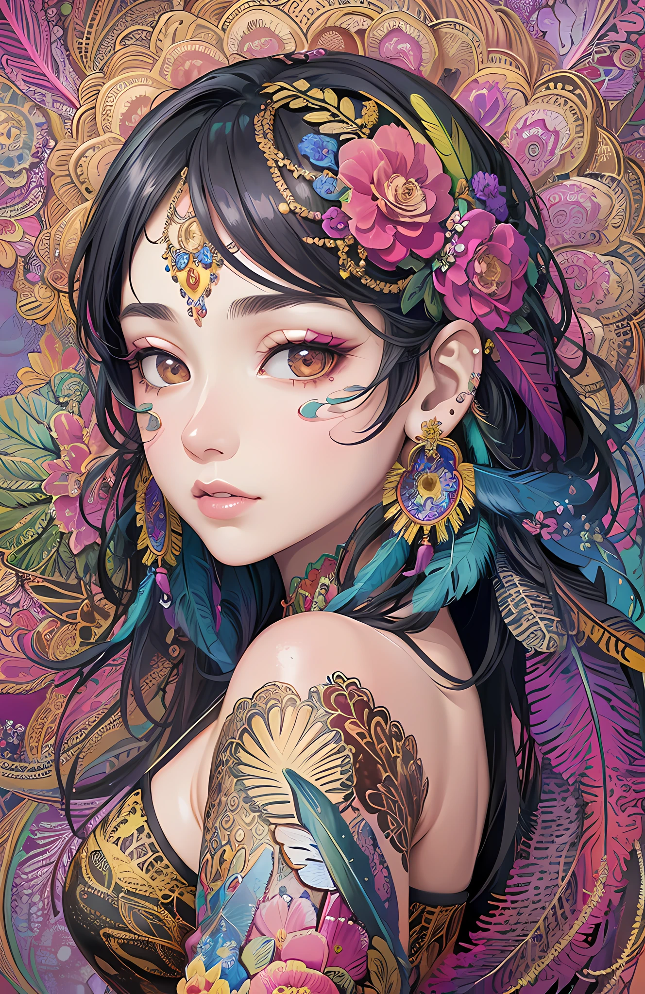 (masterpiece, top quality, best quality, official art, beautiful and aesthetic:1.2), (1girl:1.3), extremely detailed,(fractal art:1.1),(colorful:1.1)(flowers:1.3),highest detailed,(zentangle:1.2), (dynamic pose), (abstract background:1.3), (shiny skin), (many colors:1.4), ,(earrings:1.4), (feathers:1.4)