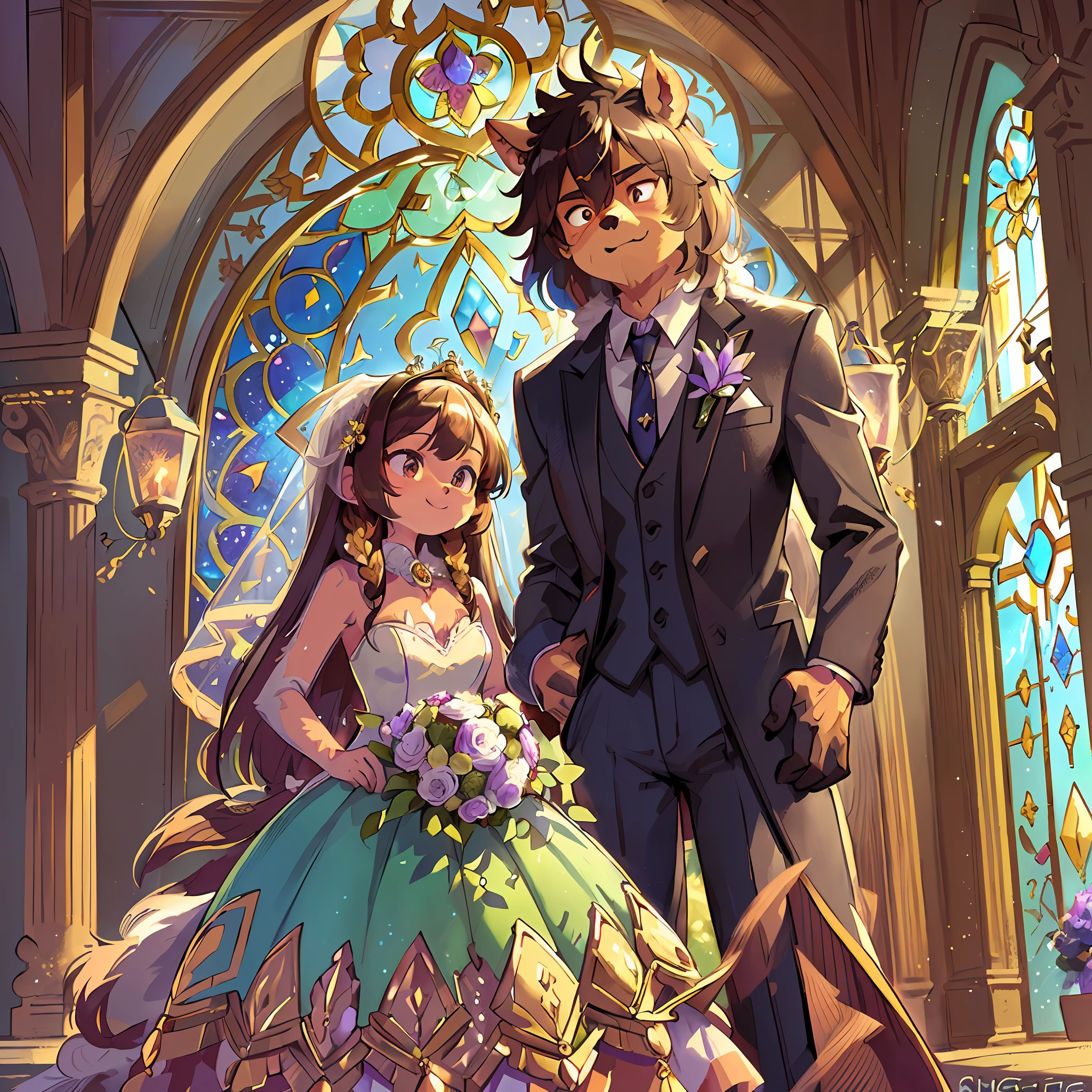 Highest quality, ultra-fine illustrations (associations, colorful stained glass windows shimmering with light, wedding aisles lined with jewel-like lamps) (beautiful faces and eyes with great detail) Absurd perfect anatomy ((beastman))) (beastman boy and girl wedding, tuxedo, wedding dress, veil, wedding photo, bouquet of beautiful flowers, bride happily bouquet toss, Shining wedding rings on the ring finger) (furry antro: 1.7) ((((furry body, animal facial features, animal body features))) (((muzzle of the animal, very detailed fur)))) full body, smile (dynamic pose),