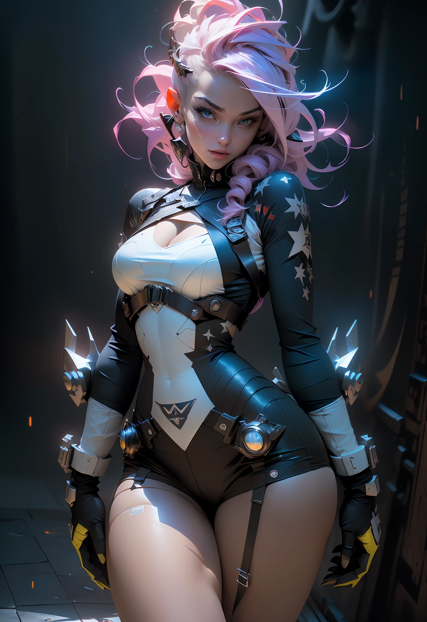 ((Best quality)), ((masterpiece)), (detailed: 1.4), (Absurd), Woman body set thick thighs parts of the covered by technological clothing, (((large breasts)) perfect, generous neckline, pastel, white mohawk hair with locks, red, short underwear, garter belt, by mucha, niji, close to real, best quality, almost naked, psychopath, crazy face, action pose, harlequin, cat eyes, starry night, P40 airplane imitating outfit, P40 WWII plane shark mouth, dragon tattoos on arms, dark blue bra with white stars, stars covering breasts, HDR (High Dynamic Range),Ray Tracing,NVIDIA RTX,Super-Resolution,Unreal 5,Subsurface dispersion, PBR texture, Post-processing, Anisotropic filtering, Depth of field, Maximum clarity and sharpness, Multilayer textures, Albedo and specular maps, Surface shading, Accurate simulation of light-material interaction, Perfect proportions, Octane Render, Two-tone lighting, Wide aperture, Low ISO, White balance, Rule of thirds, 8K RAW