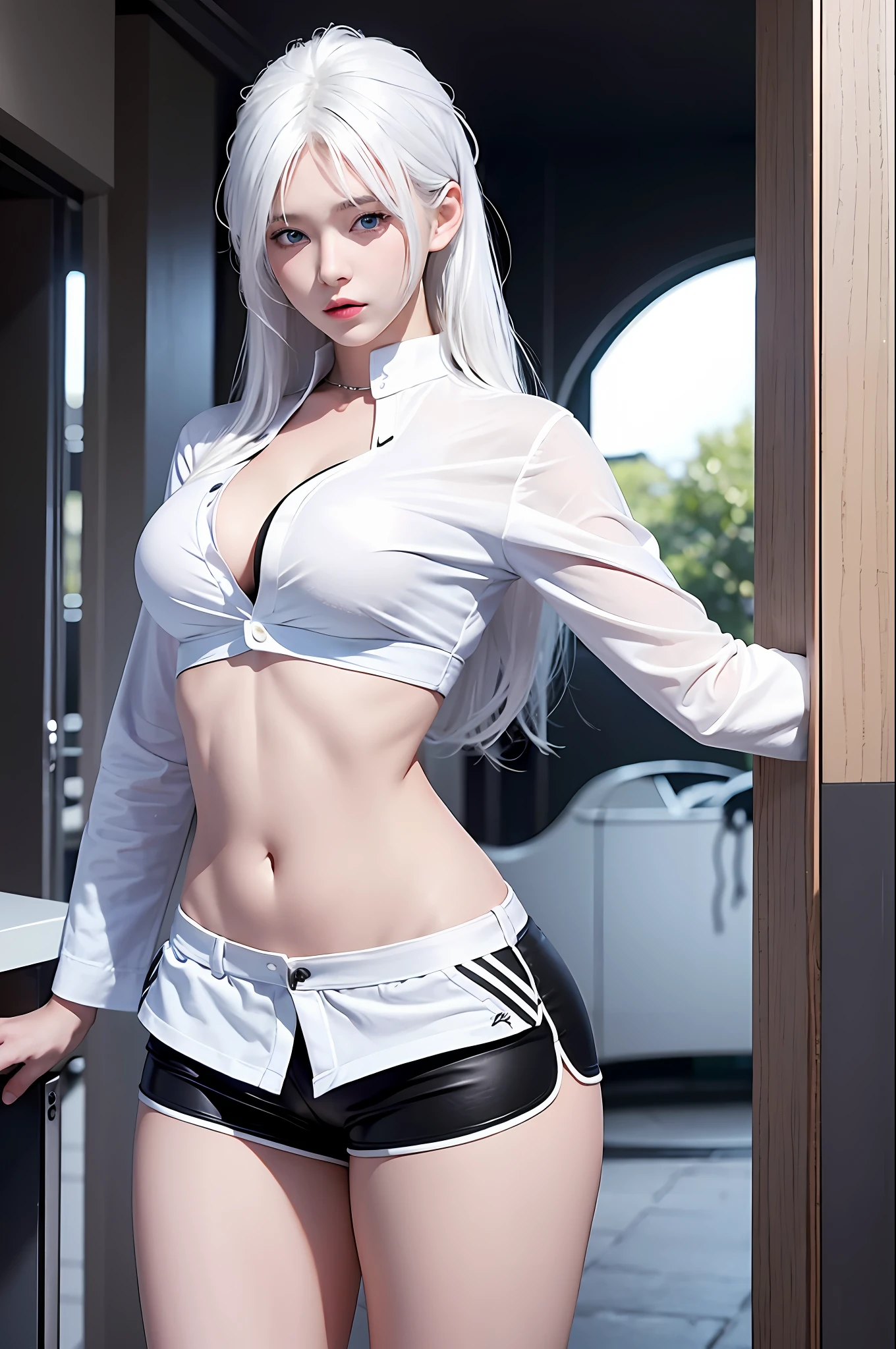 photorealistic, high resolution, 1 girl, white hair, korean, blue eyes, white shirt, skimpy tight black shorts, thick thighs