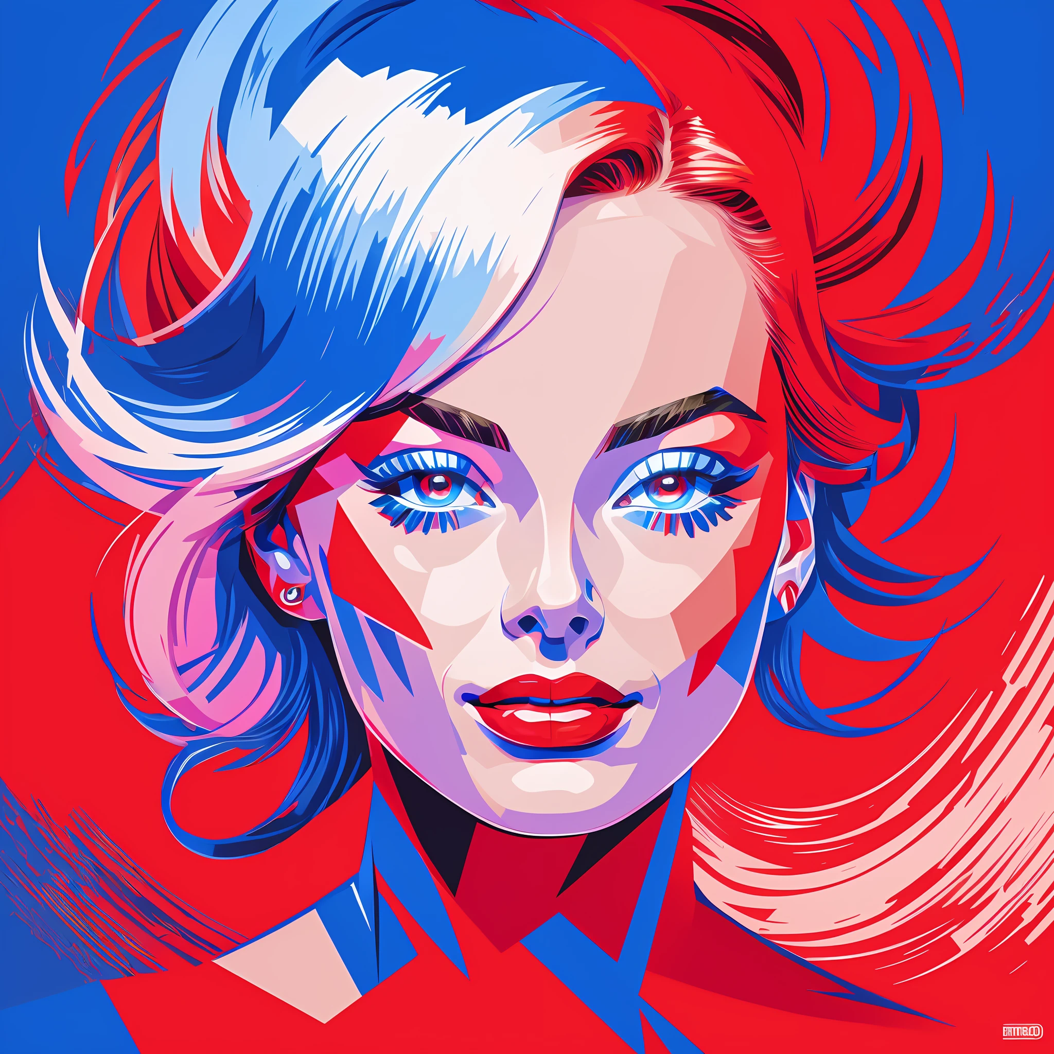 vetotized painting of actress Margot Robbie, blue and red colors, vectorized art, hq, hdr, highly detailed art, portrait estillo cubismo, --auto --s2