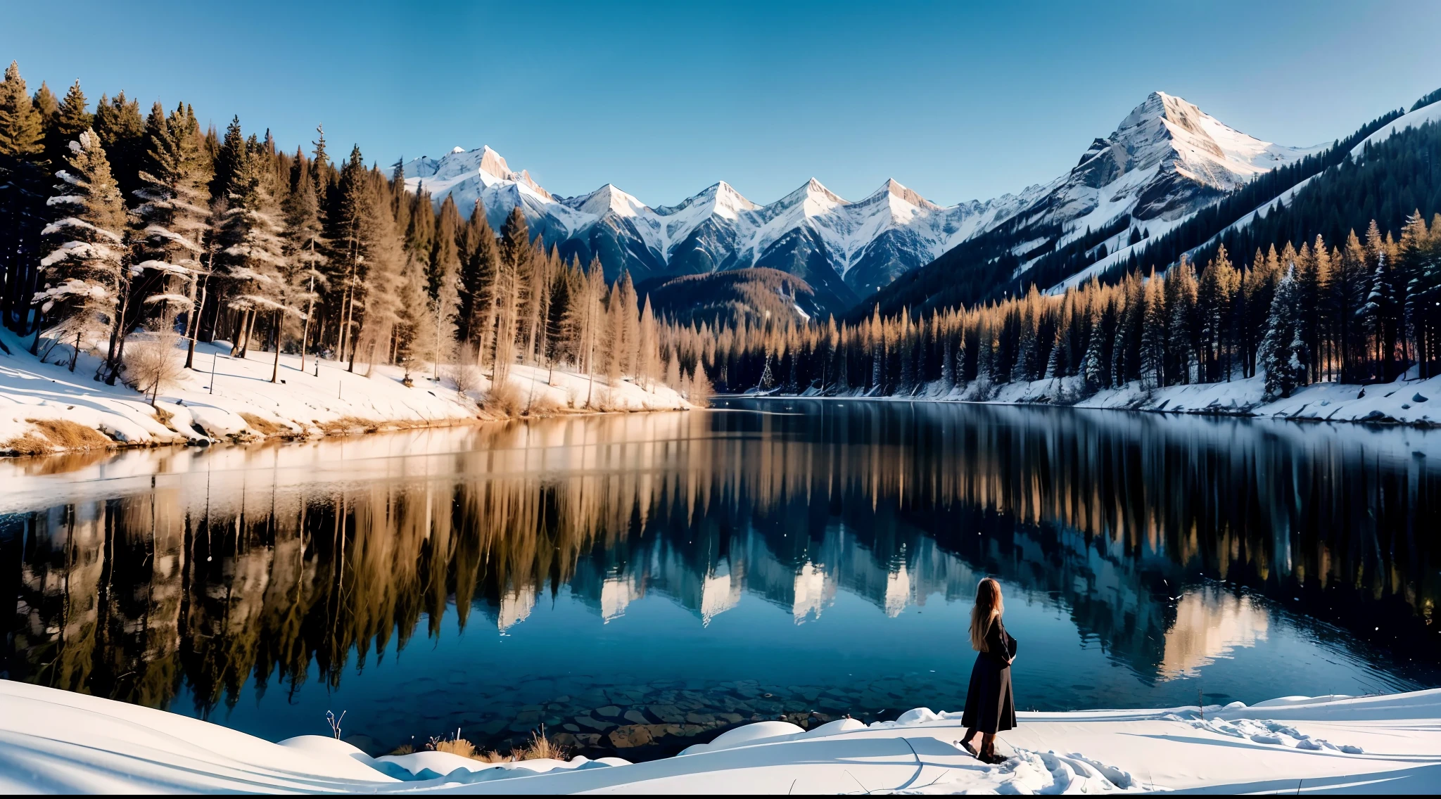 (masterpiece), (best quality:1.4), absurdres, [:intricate details:0.2], 1girl, tree, snow, solo, outdoors, water, mountain, large breasts, bikini, long hair, scenery, winter, lake, (looking at viewer:1.2), day, sky, reflection