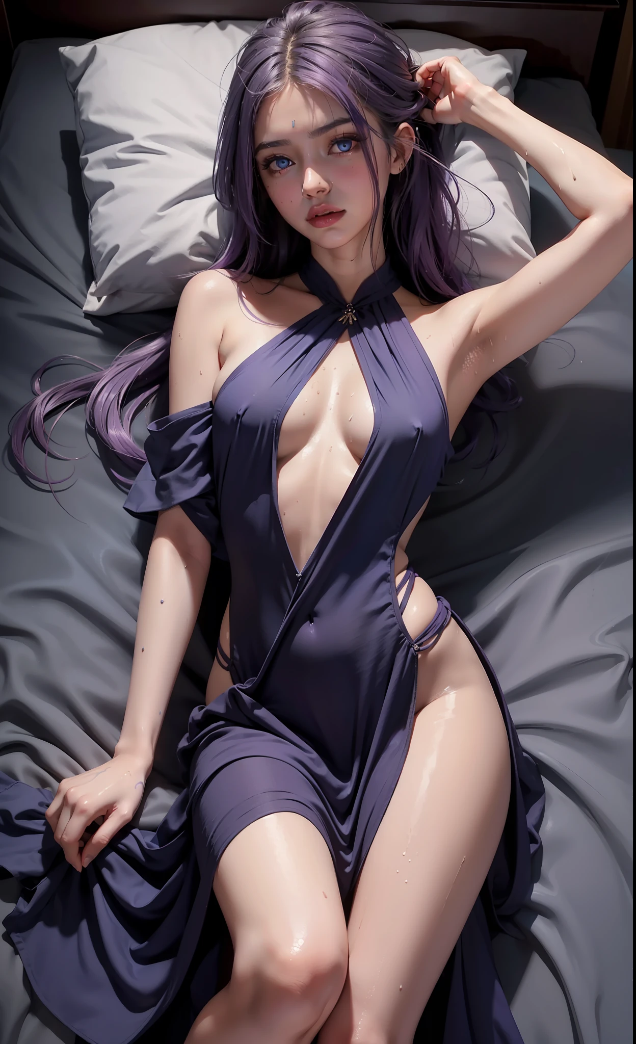 concept art, Indian girl, blue eyes, small chest, wearing sexy small dress, small long lite purple hair, hips, look at viewer, shy blush face, sexual expression, sexy, bare shoulder, wet dress, wet body, ((nipple's)), unconcerned, NSFW, quality, in the bed, sleeping, legs spread, , contrast, dark,