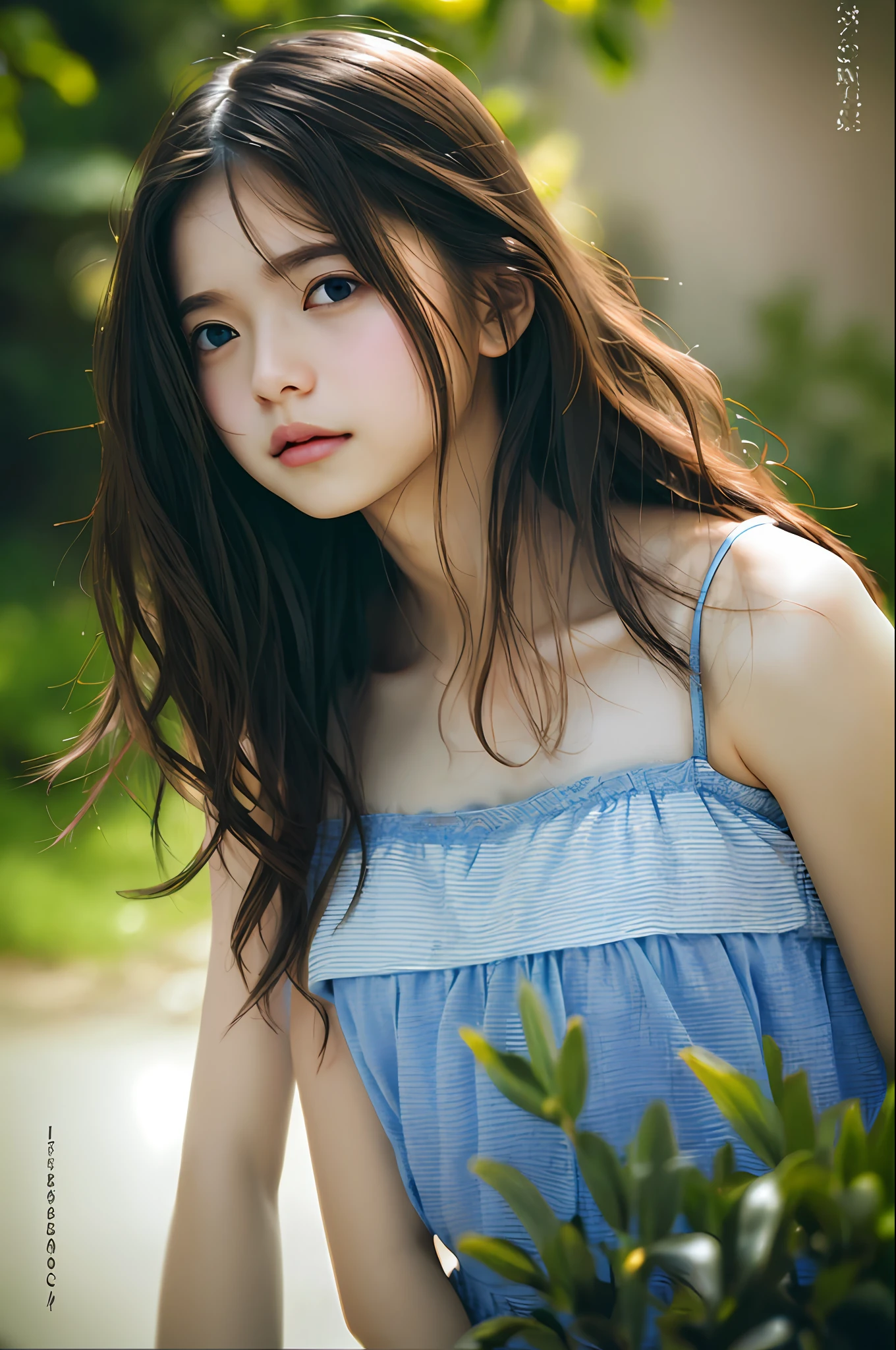 film portrait photography, 1girl, bare shoulders, wavy shoulder-length hair, serene, calm, (realistic detailed eyes, natural skin texture, realistic face details), soft dramatic lighting, depth of field, bokeh, vibrant details, finely detailed, hyperrealistic, 35mm film, hazy blur, filmg,