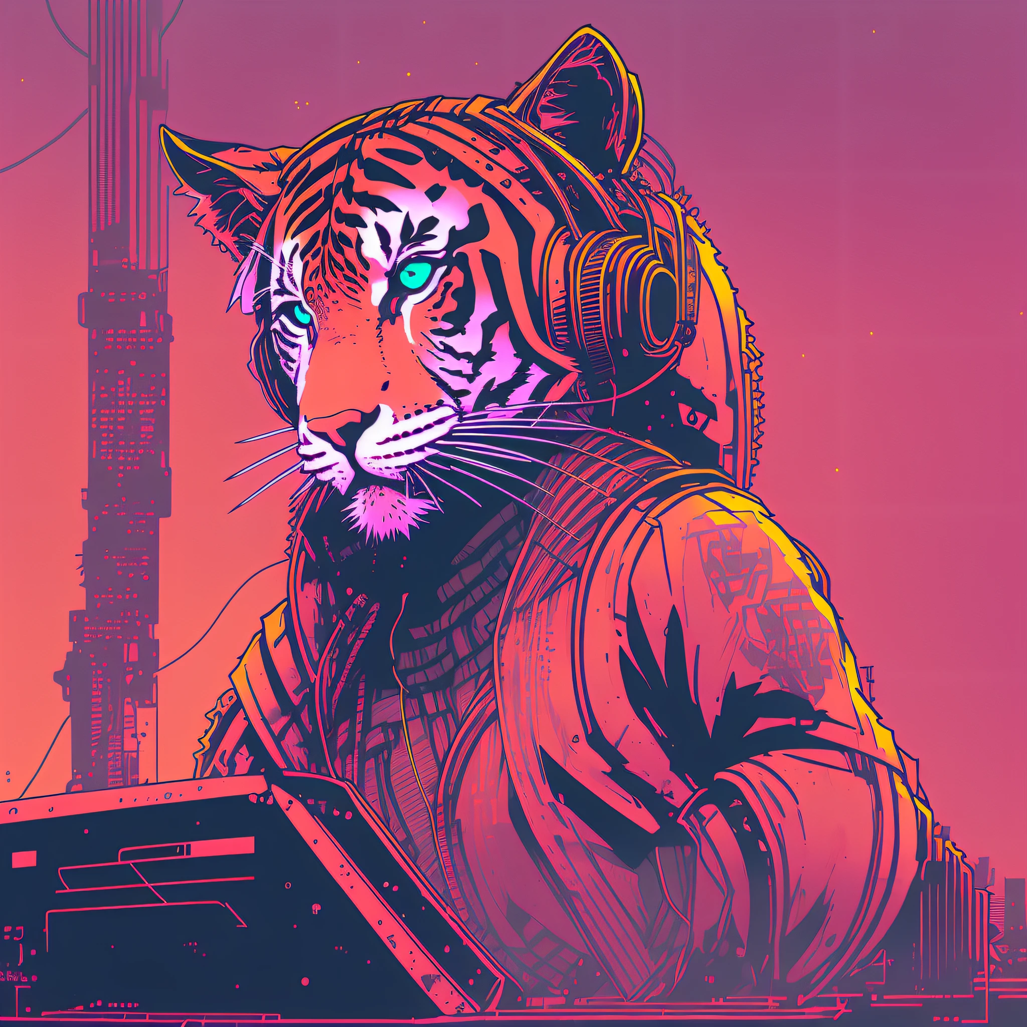 (nvinkpunk:1.2) (snthwve style:0.8) tiger dj, headphones, anthro, lightwave, sunset, intricate, highly detailed --auto --s2