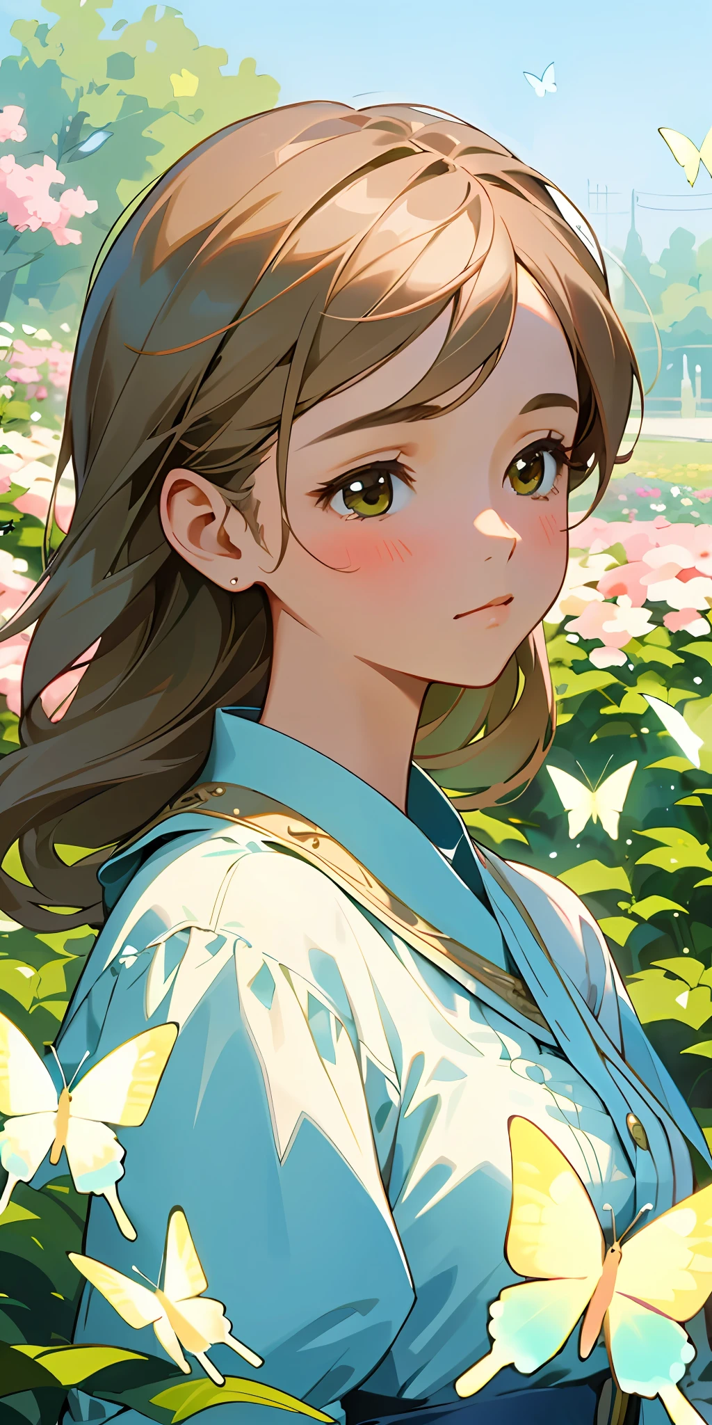 (best quality, masterpiece, ultra-realistic), 1 beautiful delicate portrait of a girl with a soft and peaceful expression, the background scenery is a garden with flowers and butterflies flying around. --v6