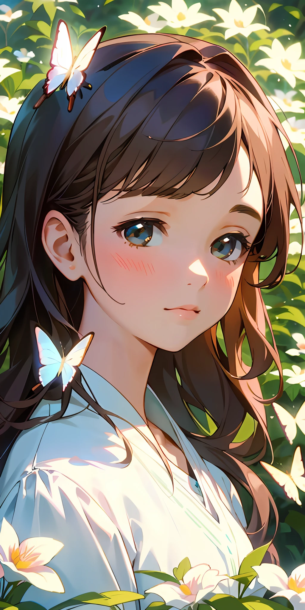 (best quality, masterpiece, ultra-realistic), 1 beautiful delicate portrait of a girl with a soft and peaceful expression, the background scenery is a garden with flowers and butterflies flying around. --v6
