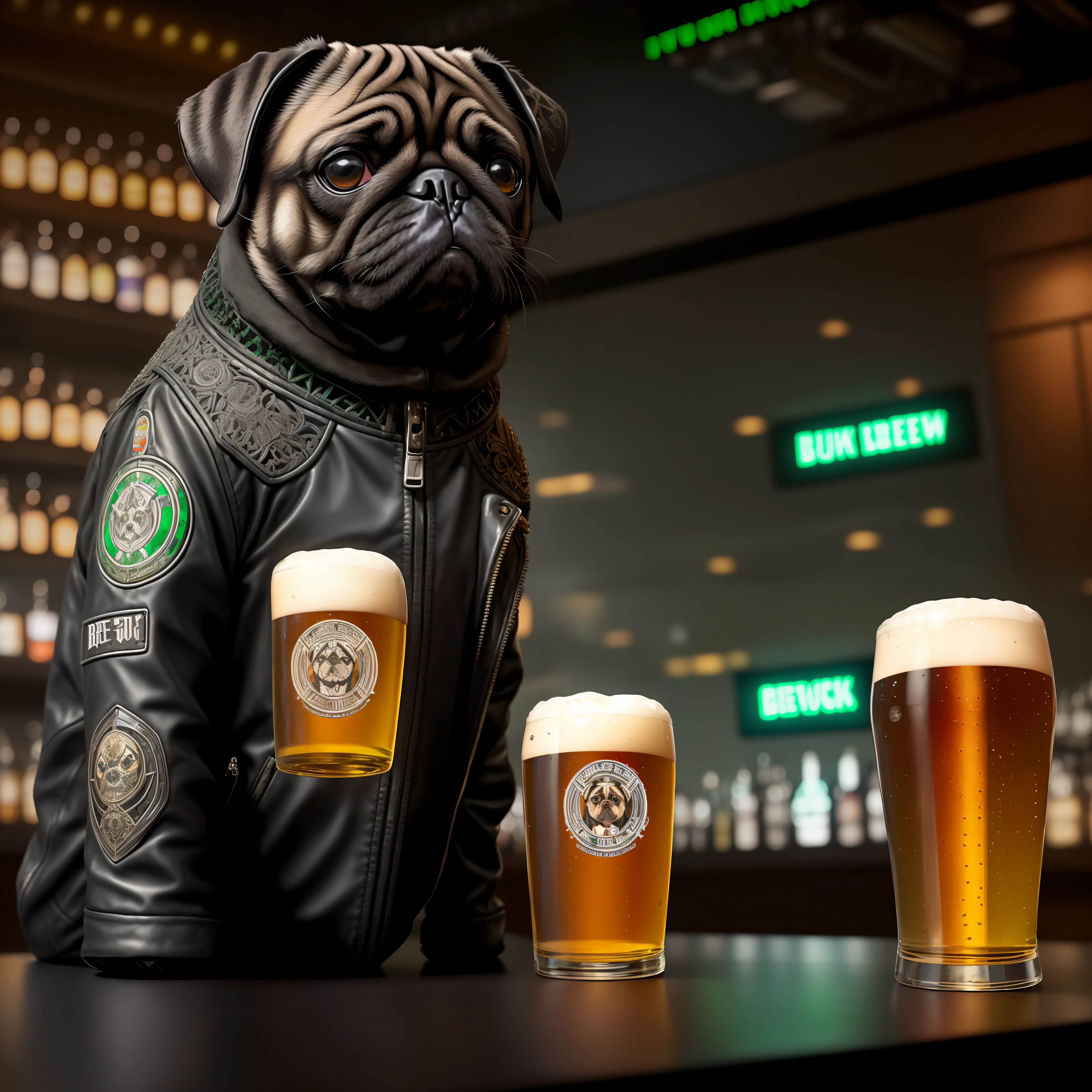 a huge pug in (black) biker jacket, cyborg, sitting at the bar counter, green eyes, (((drink beer))), cyberpunk style, ((intricate details)), hdr, ((intricate details, hyperdetailed)), cinematic shot, vignette