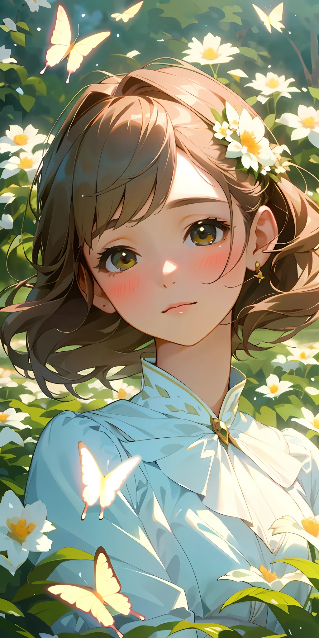 (best quality, masterpiece, ultra-realistic), 1 beautiful delicate portrait of a girl with a soft and peaceful expression, the background scenery is a garden with flowers and butterflies flying around. --v6