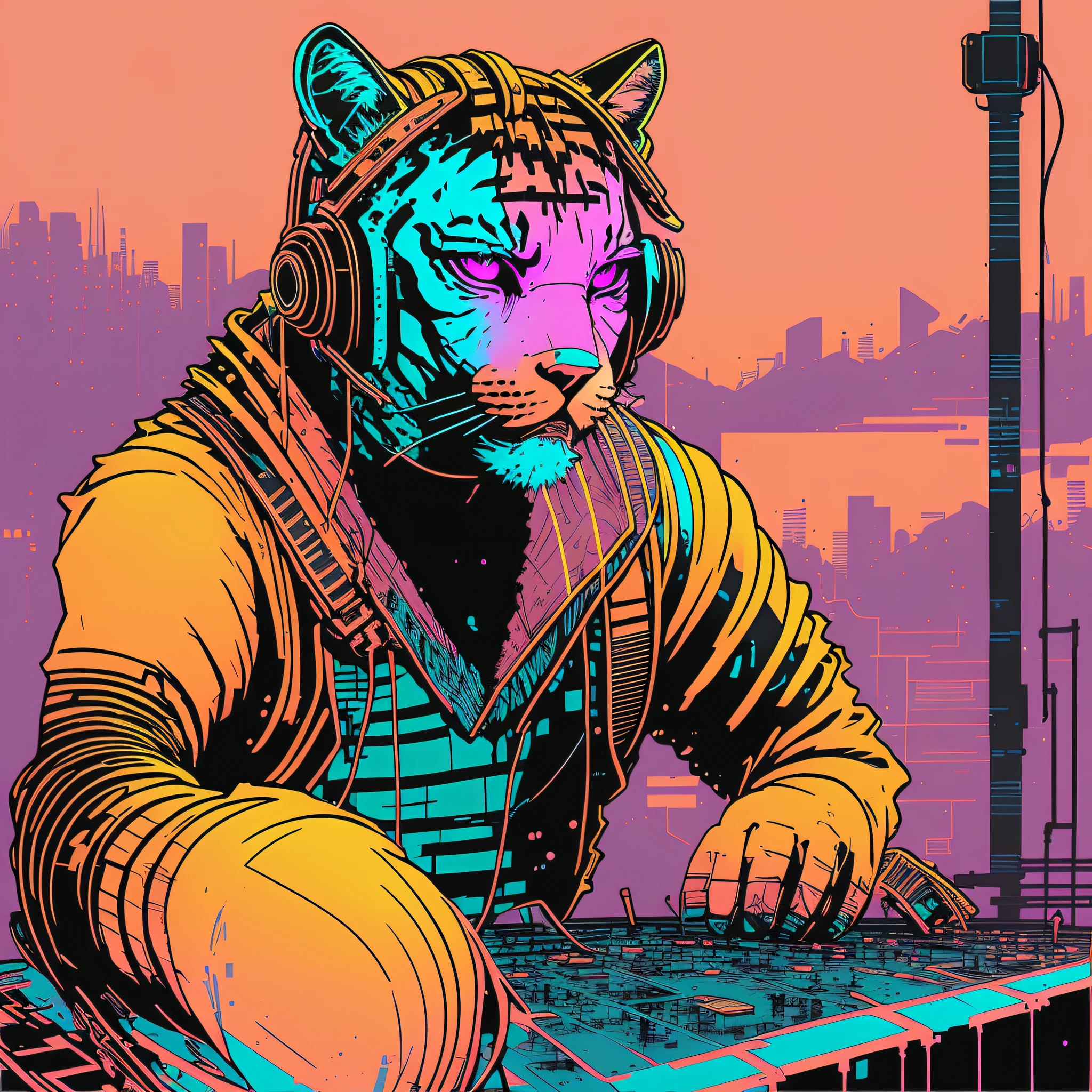 (nvinkpunk:1.2) (snthwve style:0.8) tiger dj, headphones, anthro, lightwave, sunset, intricate, highly detailed --auto --s2