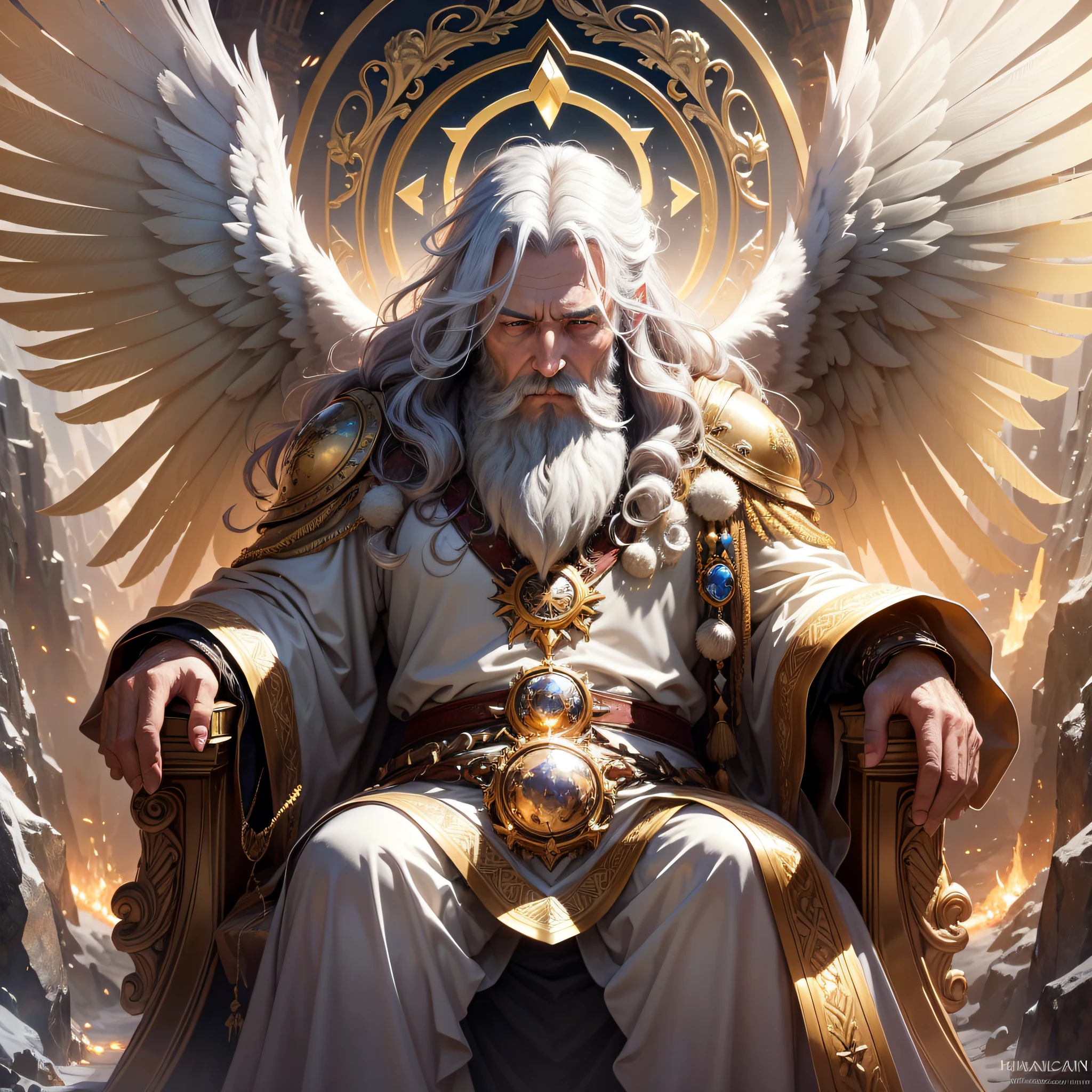 super high resolution, best quality, photo, 8k, (photorealistic: 1.2), cinematic lighting, An old man shaped like a fantz wlop, giant man with beard in bright white robes floating on the crystal throne, floating on crystal clouds, yellow eyes, bright yellow light emitted from the throne, precious stones floating in the sky, God, with beams of light enveloping his body, with large translucent, feathered wings on the crystal throne, wings are open, golden light (halo:1.2) over your head, abdominal muscles dressed in medieval golden armor, beard, masculine, dark, masterpiece, best quality, intricate details, snow environment and crystals in the background, crystal cathedral, portal of the future, 3D light, HD, magic, god of light, backlighting, detailed face, DREAD, depth of field, soft lighting, tone mapped, highly detailed, concept art, smooth, sharp focus, dramatic lighting, highly detailed art, cinematic, 8K, amazing shadows (highly detailed background: 1.2) --auto --s2