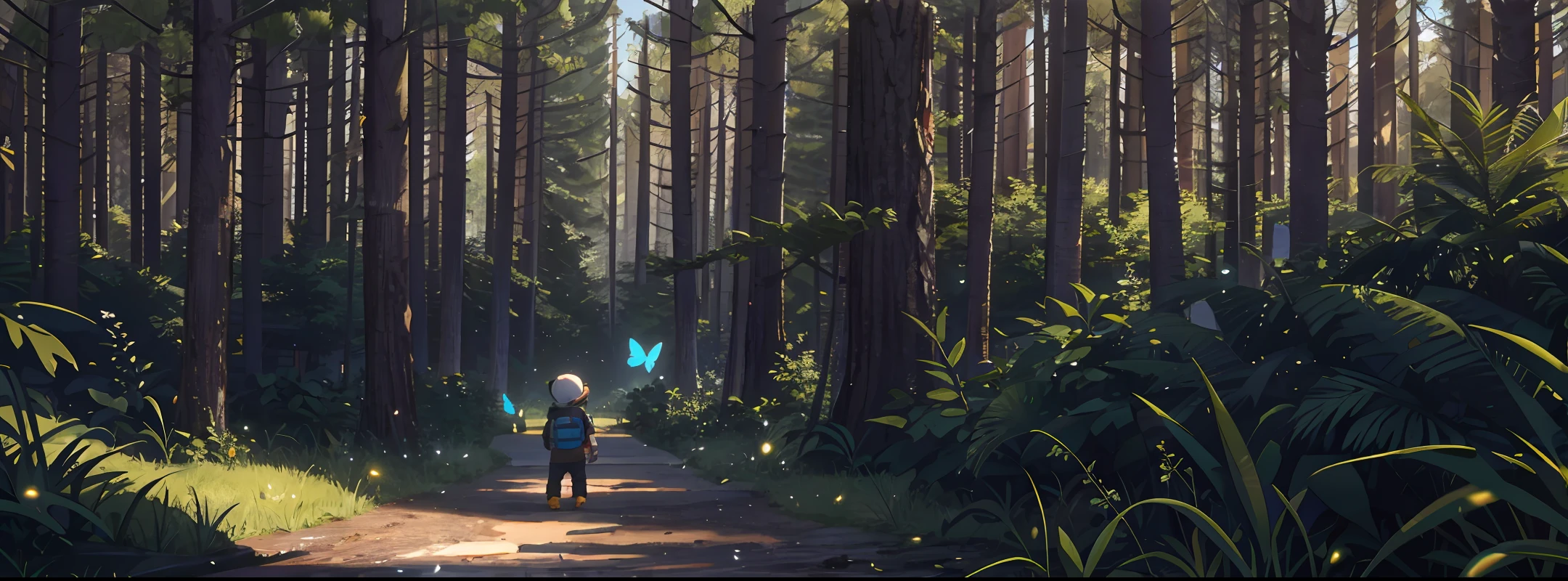best quality, 3d, sunshine, butterfly, raccoons, child lost in the forest, following bright butterfly, branches, miscellaneous trees