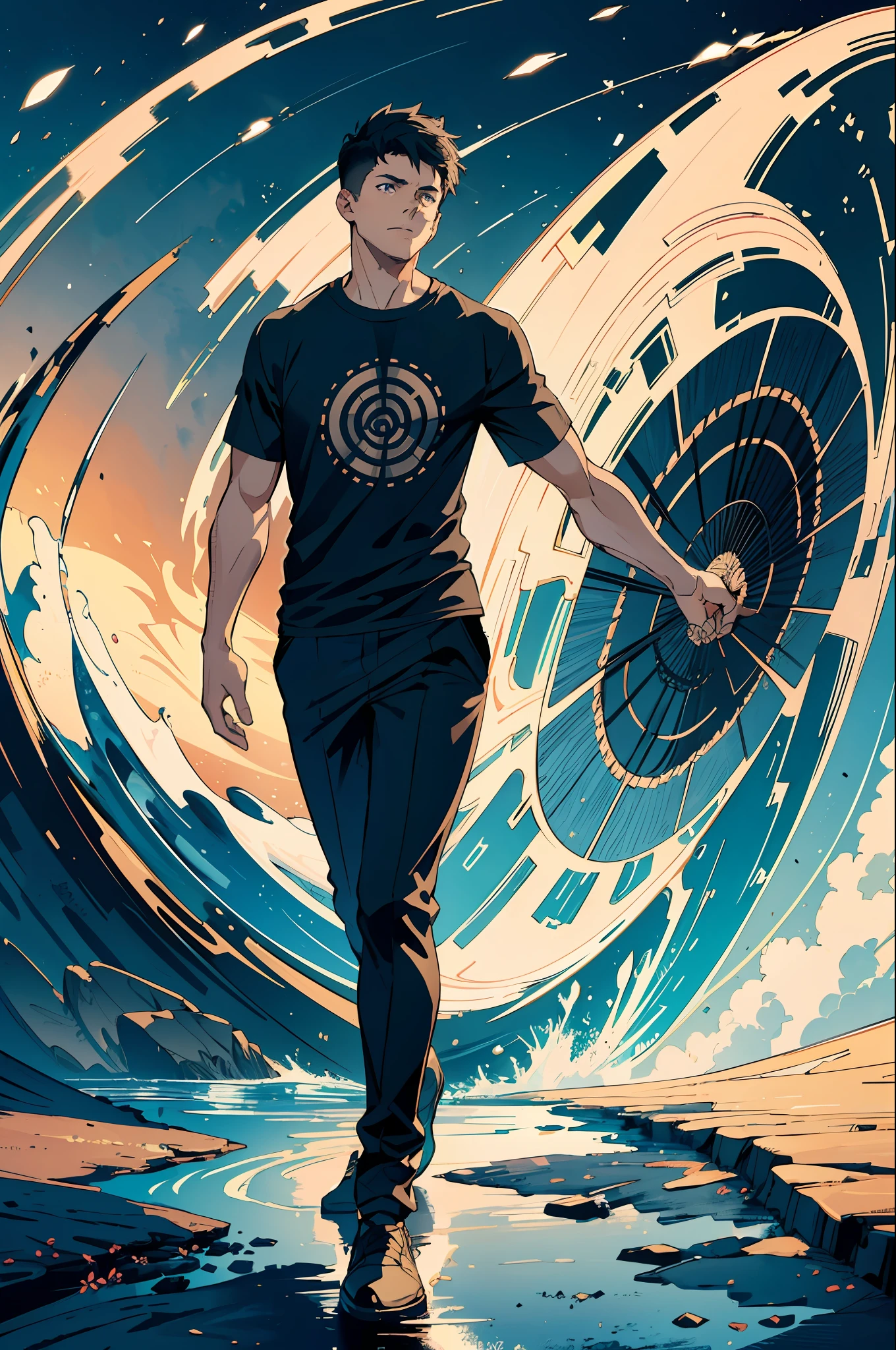 face portrait of a toned mature male, (very short black hair:1.2), abstract wind frame, Decorative panels, (Masterpiece, Best Quality, Highres:1.4), Detailed, Intricate Details, 4K, color splashes, line art, wind, ((god of wind)), (short undercut: 1.2), full body, absctract artist, greek god, abstract background, simple black t-shirt, detailed wind streams,