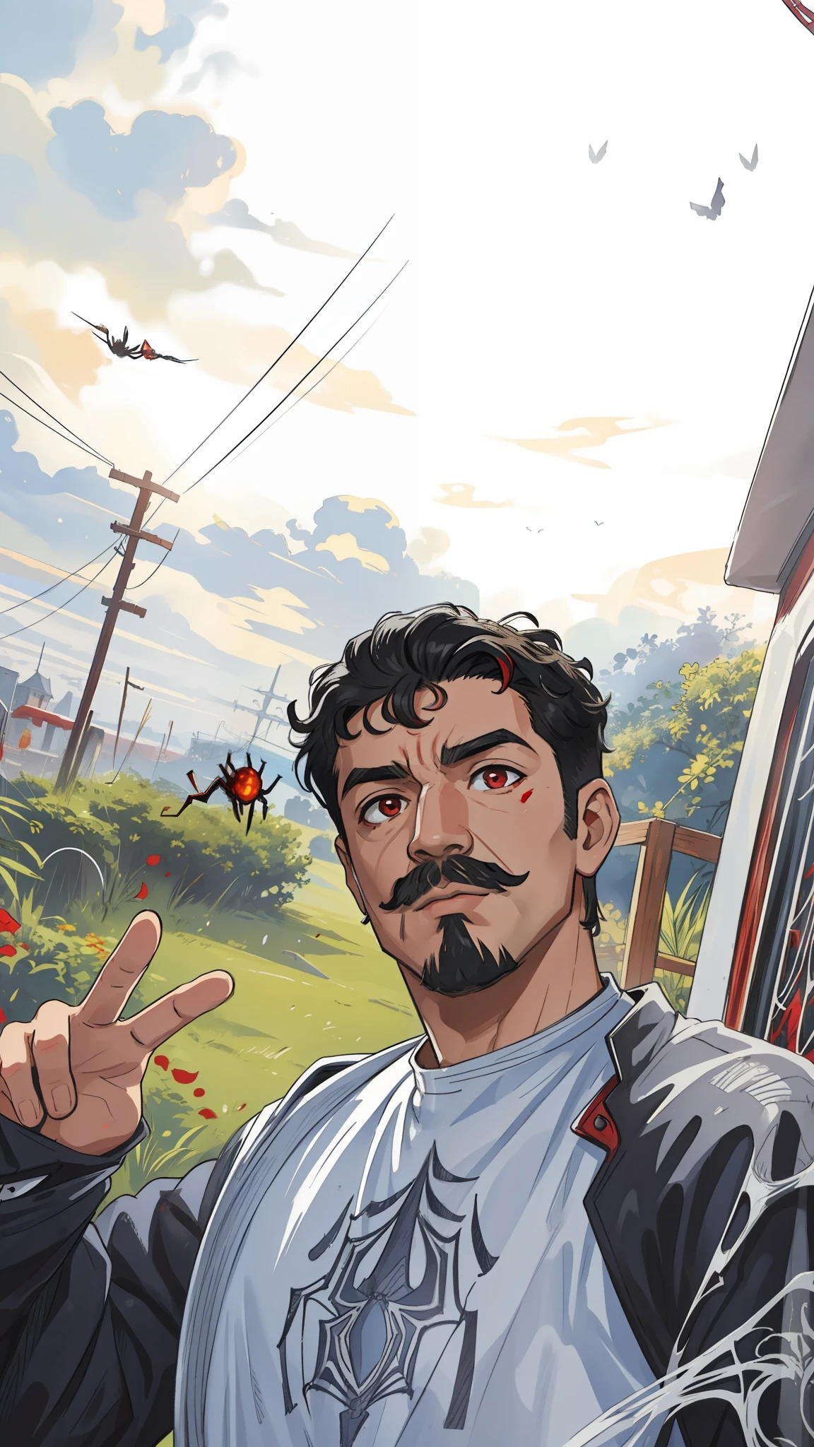 (masterpiece, best quality), intricate details, 8k, artstation, wallpaper, official art, splash art, sharp focus,
curly hair, mustache and goatee, red eyes, black hair, 
 Spider suit clothing, spider web printing, spider web,