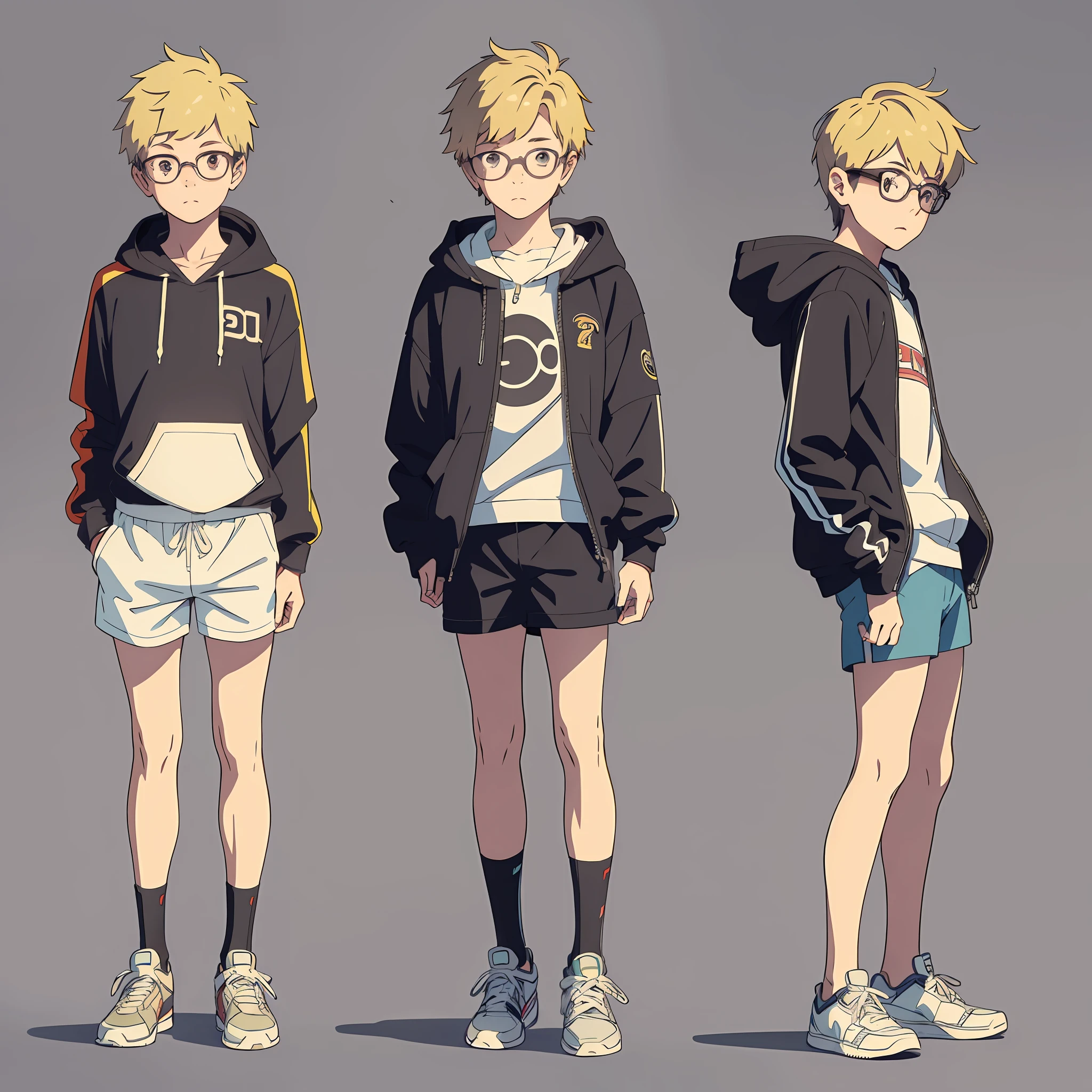 (Same character front, side and back)(white background) age boy, short blond hair, glasses, shorts, sneakers, hoody --auto --s2