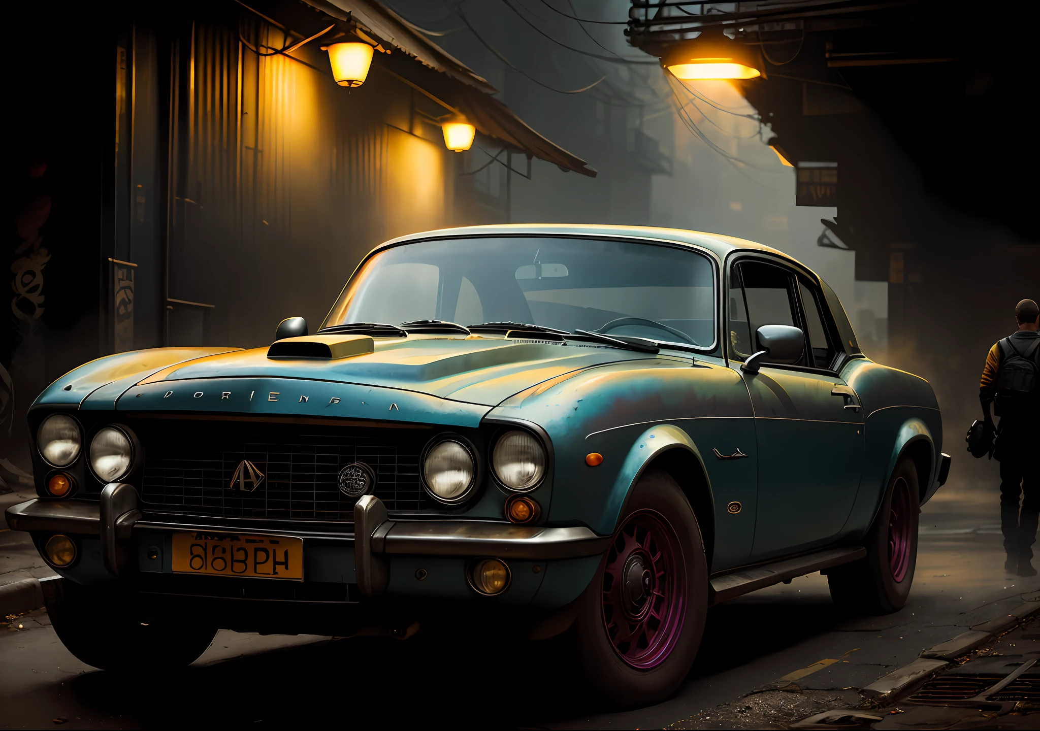 Morgan Freeman dark photo: sitting next to an old car, realistic epic, portrait, eyes of Atey Ghailan, Greg Rutkowski, Greg Tocchini, James Gilleard, Joe Fenton, Kaethe Butcher, yellow gradient, black, brown and magenta color scheme, grunge aesthetic!!! Graffiti brand wall background, art by Greg Rutkowski and Artgerm, soft cinematic light, Adobe Lightroom, Photo Lab, HDR, intricate, highly detailed, (depth of field: 1.4), faded, (neutral colors: 1.2), (HDR: 1.4), (soft colors:1.2), hyperdetailed, (Artstation:1.4), cinematic, warm lights, dramatic light, (intricate details:1.1), complex background, (Rutkowski:0.66), (blue and orange:0.4)