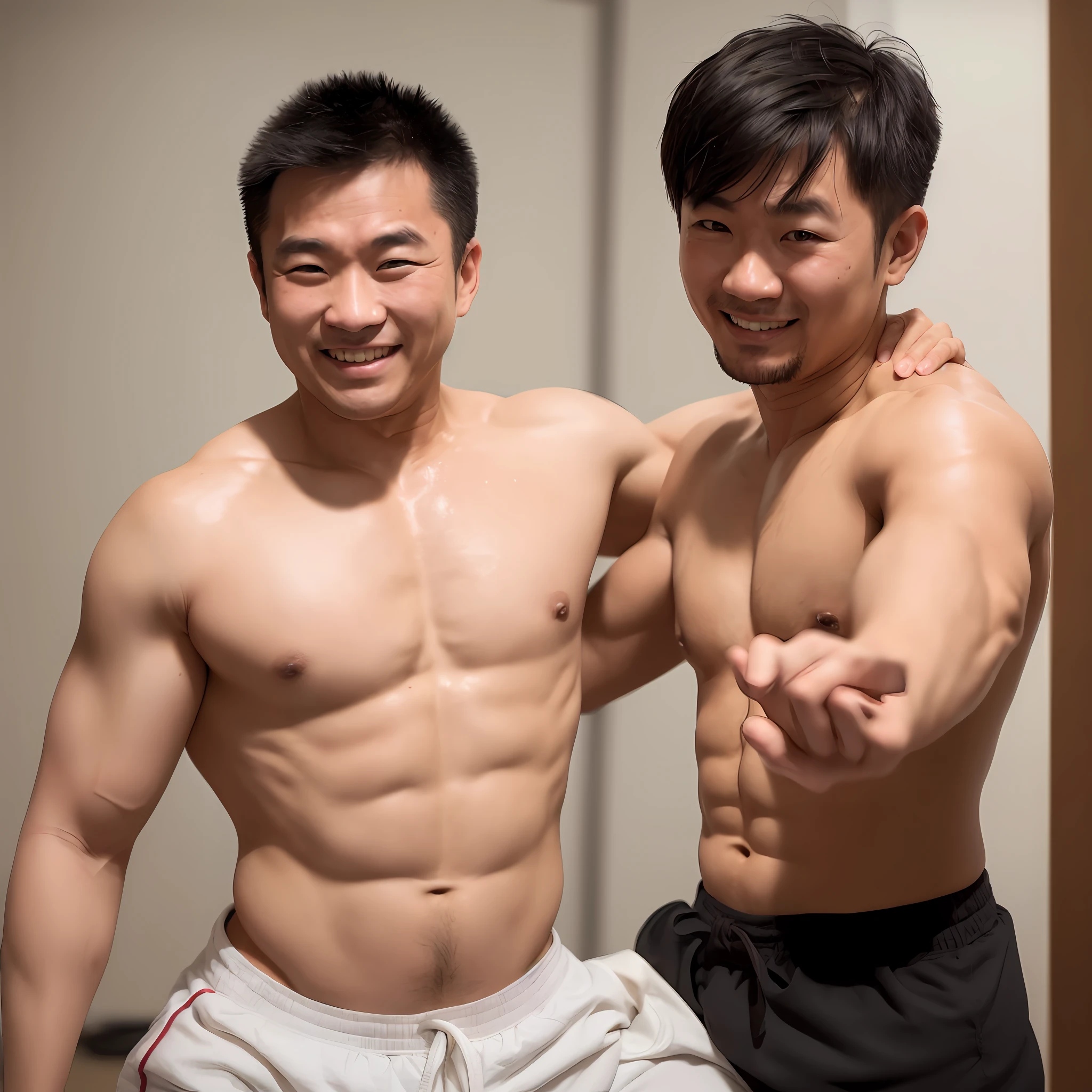 Set in a dojo, Asian man, (sweaty man 0.5), (naked 0.5), (shy smile 0.5), (large volume on floss 2.1)